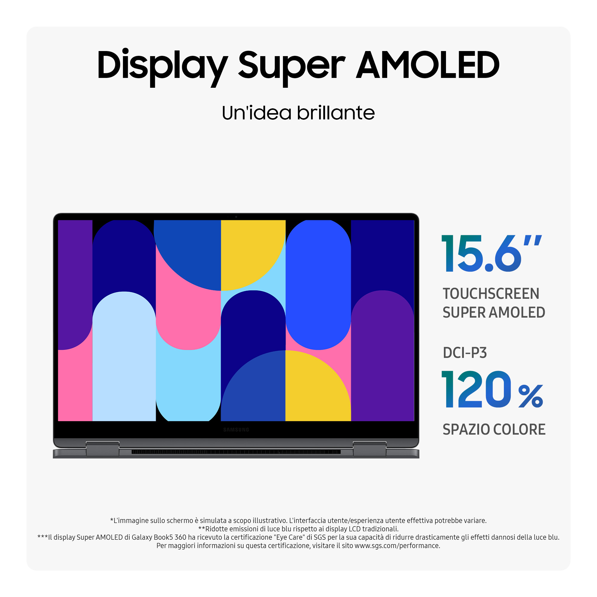 Laptop con display Super AMOLED da 15,6 pollici che mostra forme astratte colorate.