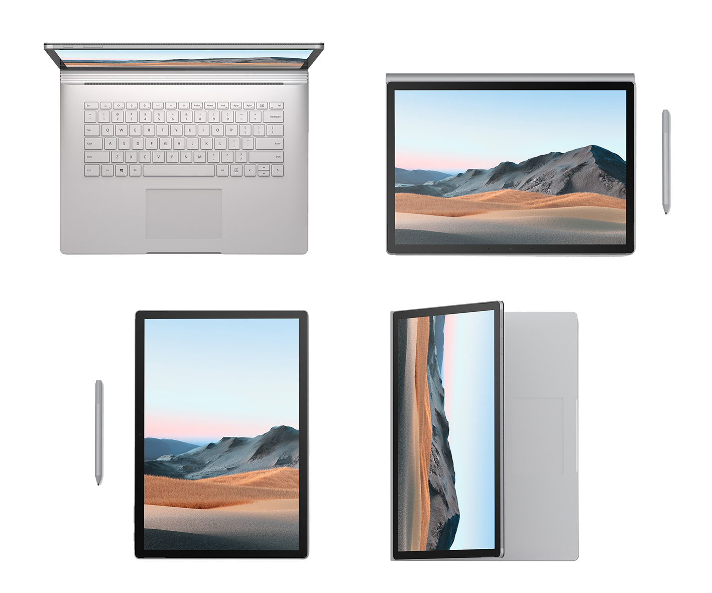 Vier Ansichten eines silbernen Laptops und Tablets mit Stift und Landschaftshintergrund.