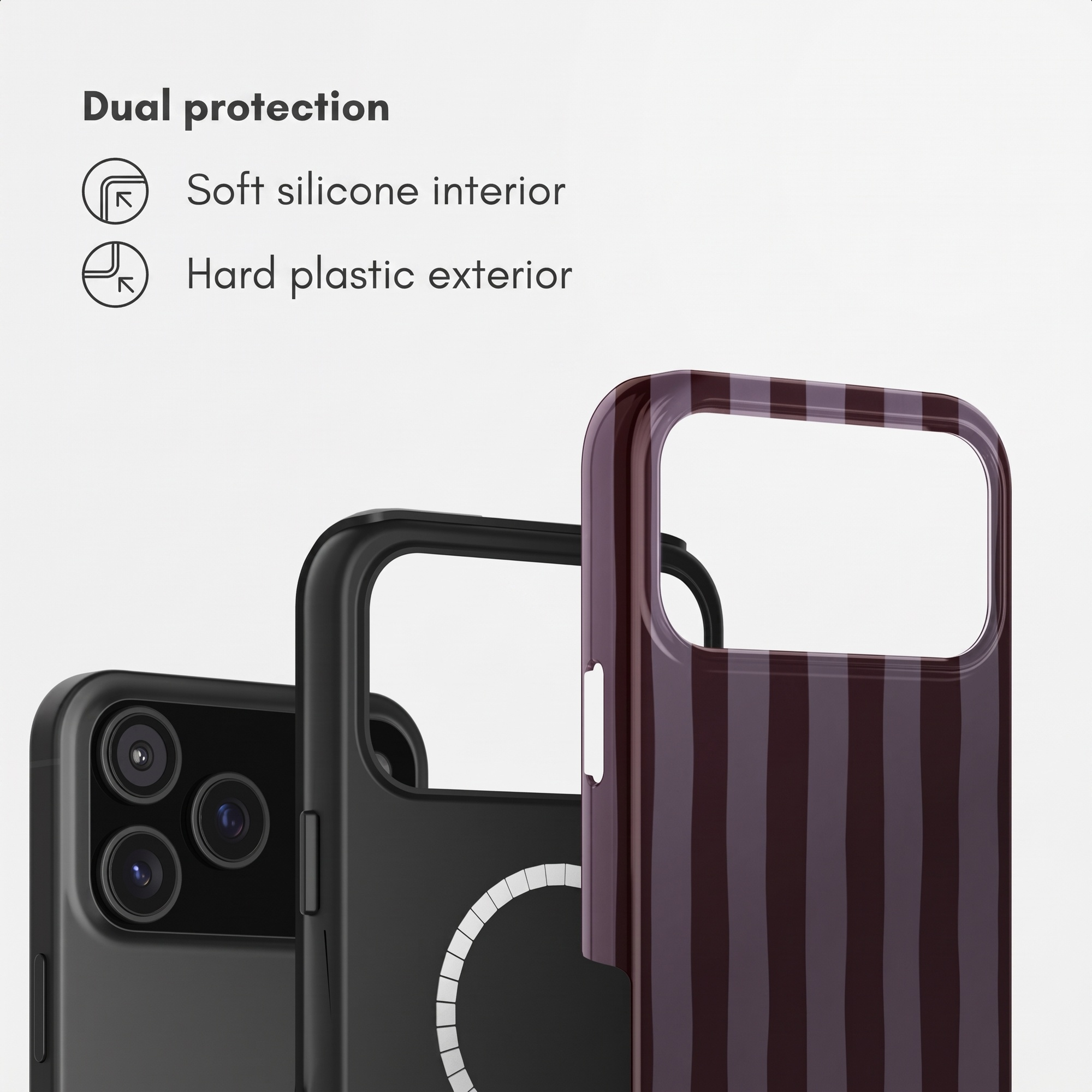 Drei Smartphone-Hüllen zeigen duale Schutzfunktionen mit weichem Silikon und hartem Kunststoff.