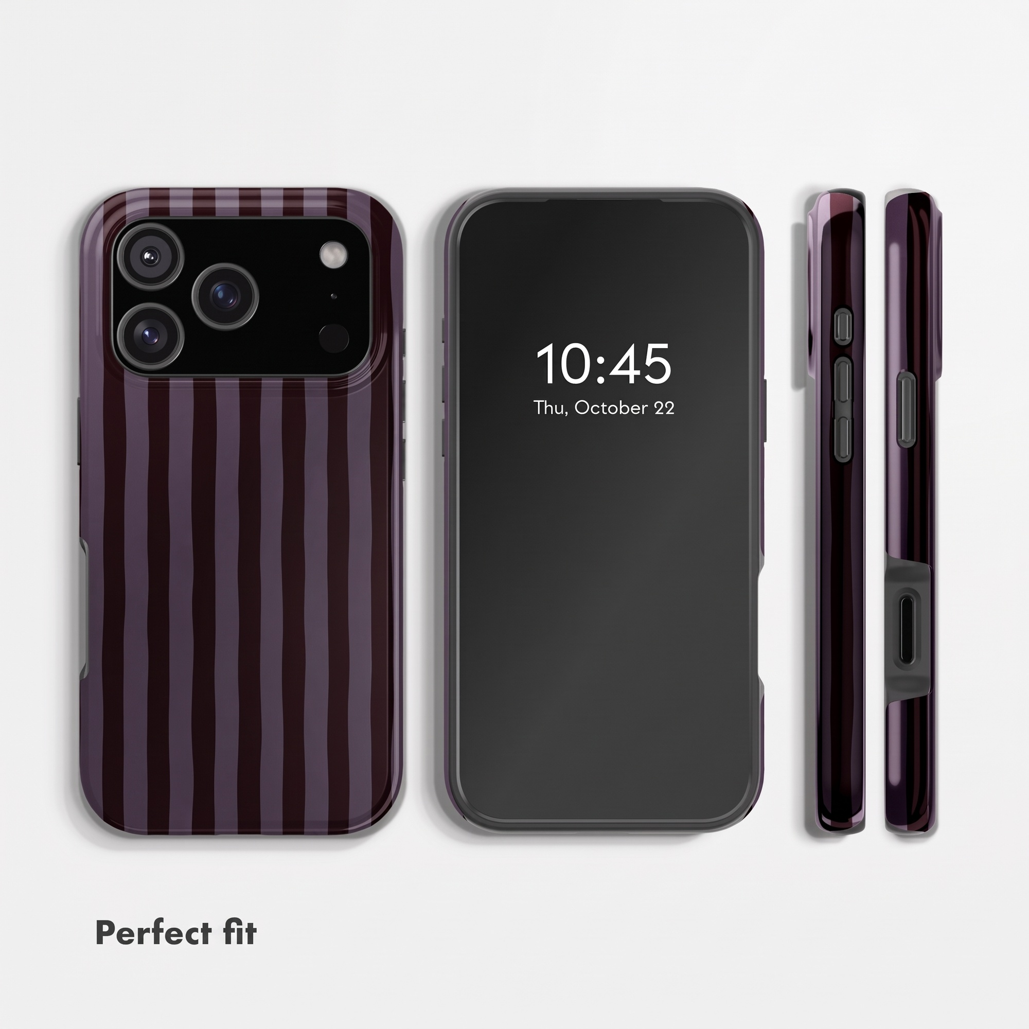 Verschiedene Ansichten eines Smartphones in einer lila-schwarz gestreiften Schutzhülle auf weißem Hintergrund.
