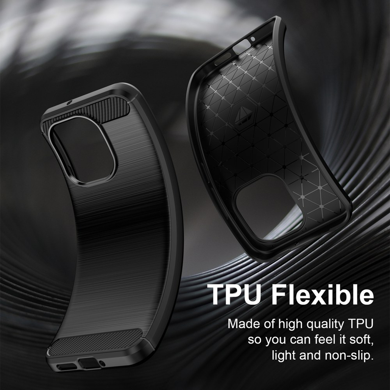 Zwei flexible schwarze TPU-Handyhüllen mit gebürsteter Rückseite und geometrischem Innenmuster.