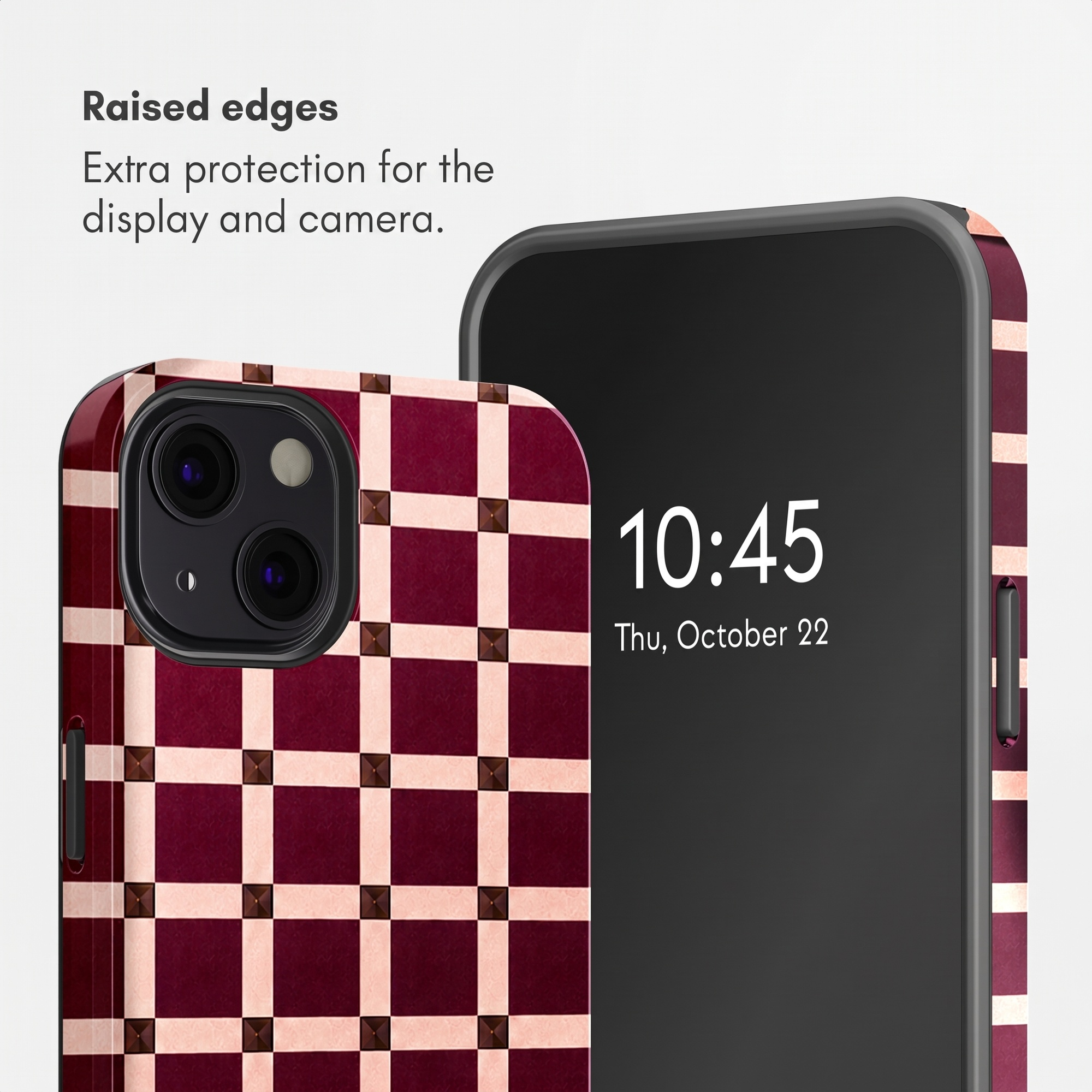 Smartphone in Schutzhülle mit rot-weißem Karomuster. Text: Raised edges, Extra protection.