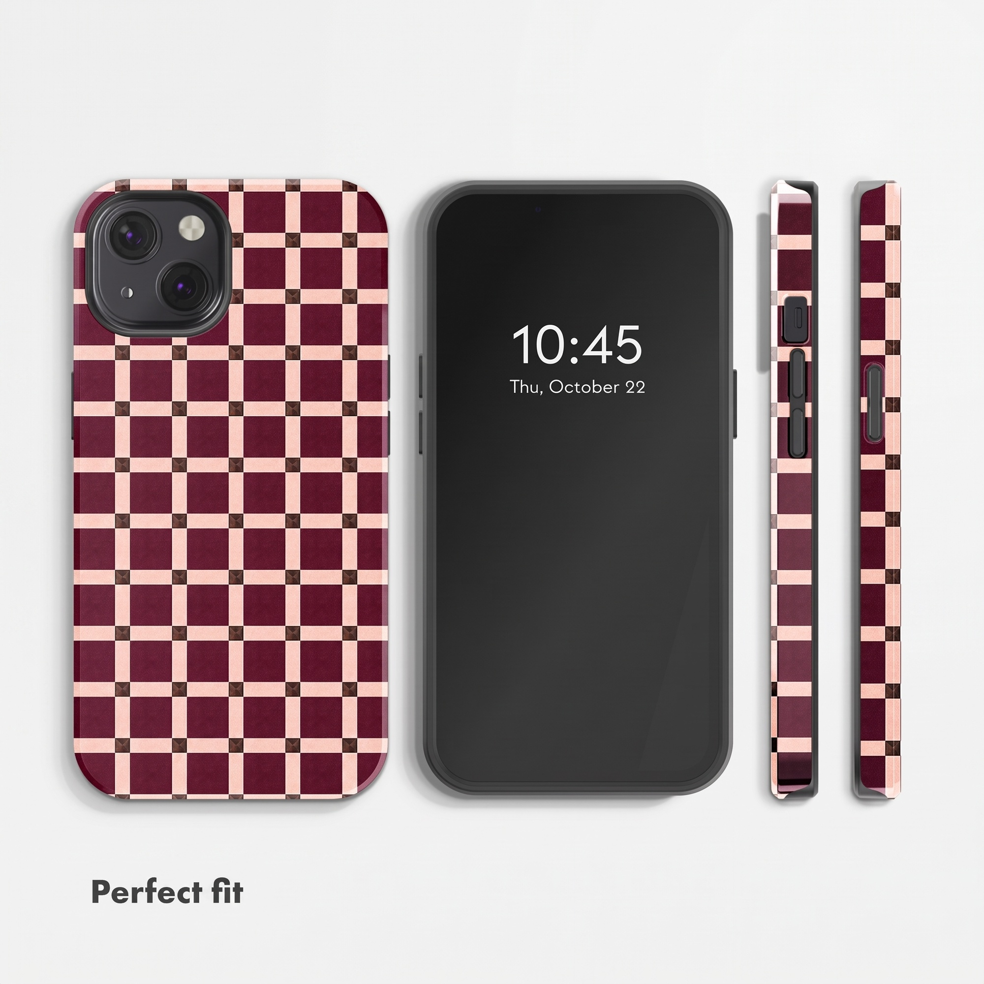 Ein schwarzes Smartphone mit einer Handyhülle mit dunkelrotem und rosafarbenem Karomuster.