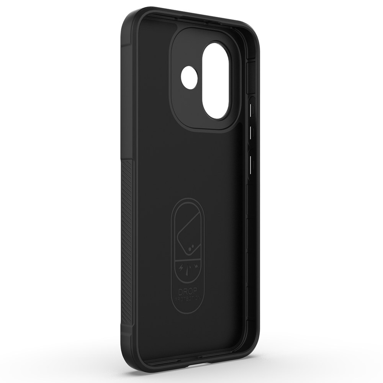 A black smartphone case showing its interior with a drop protection logo on a white background.