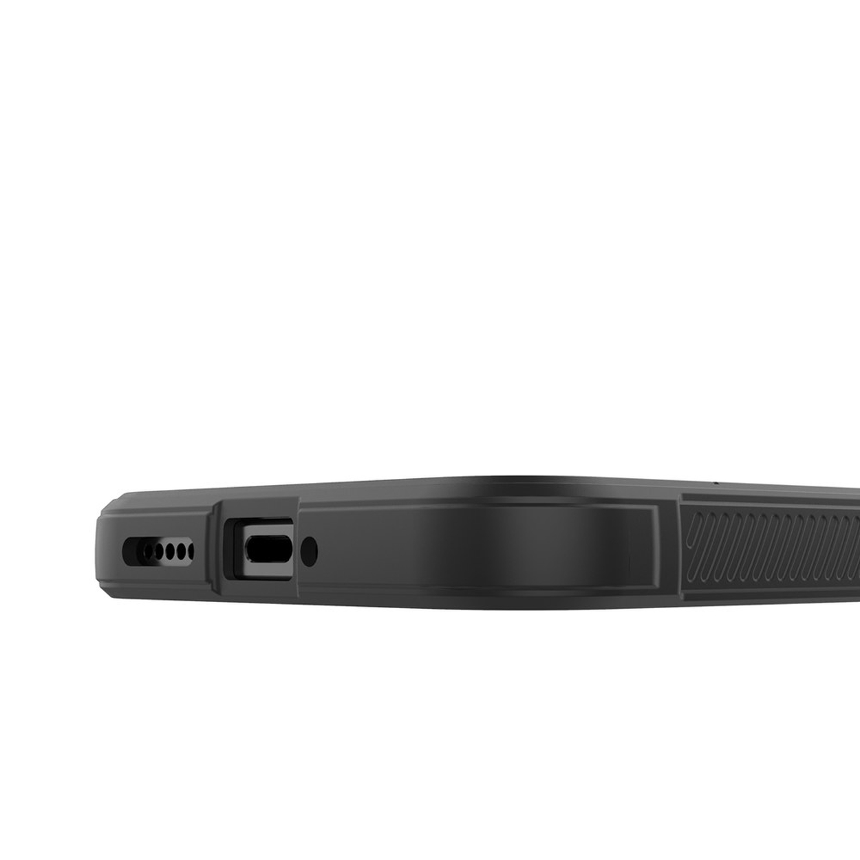 Bottom view of a black smartphone case showing the charging port, speaker grilles, and textured grip sides.