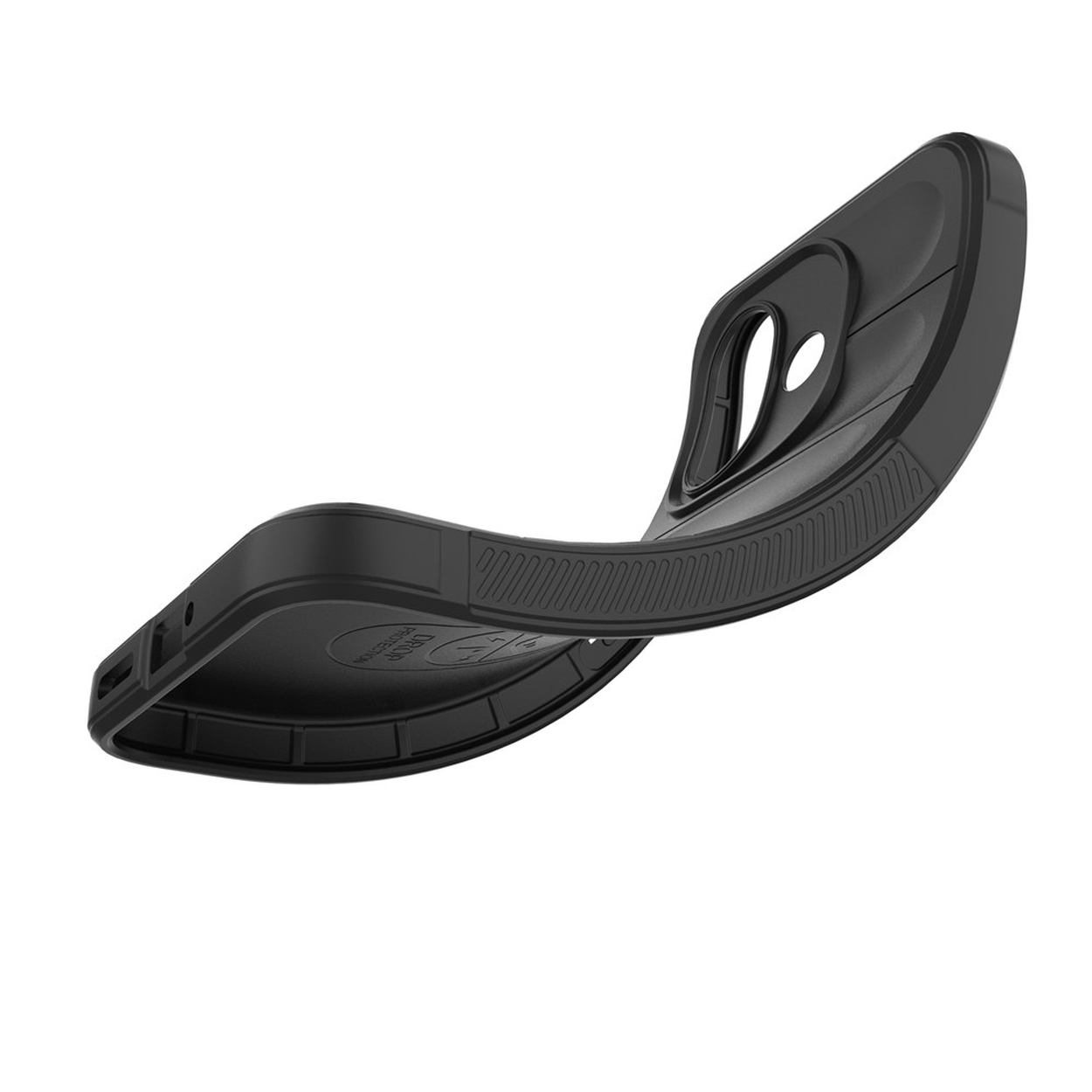 A flexible black smartphone case is bent in a curve against a white background.