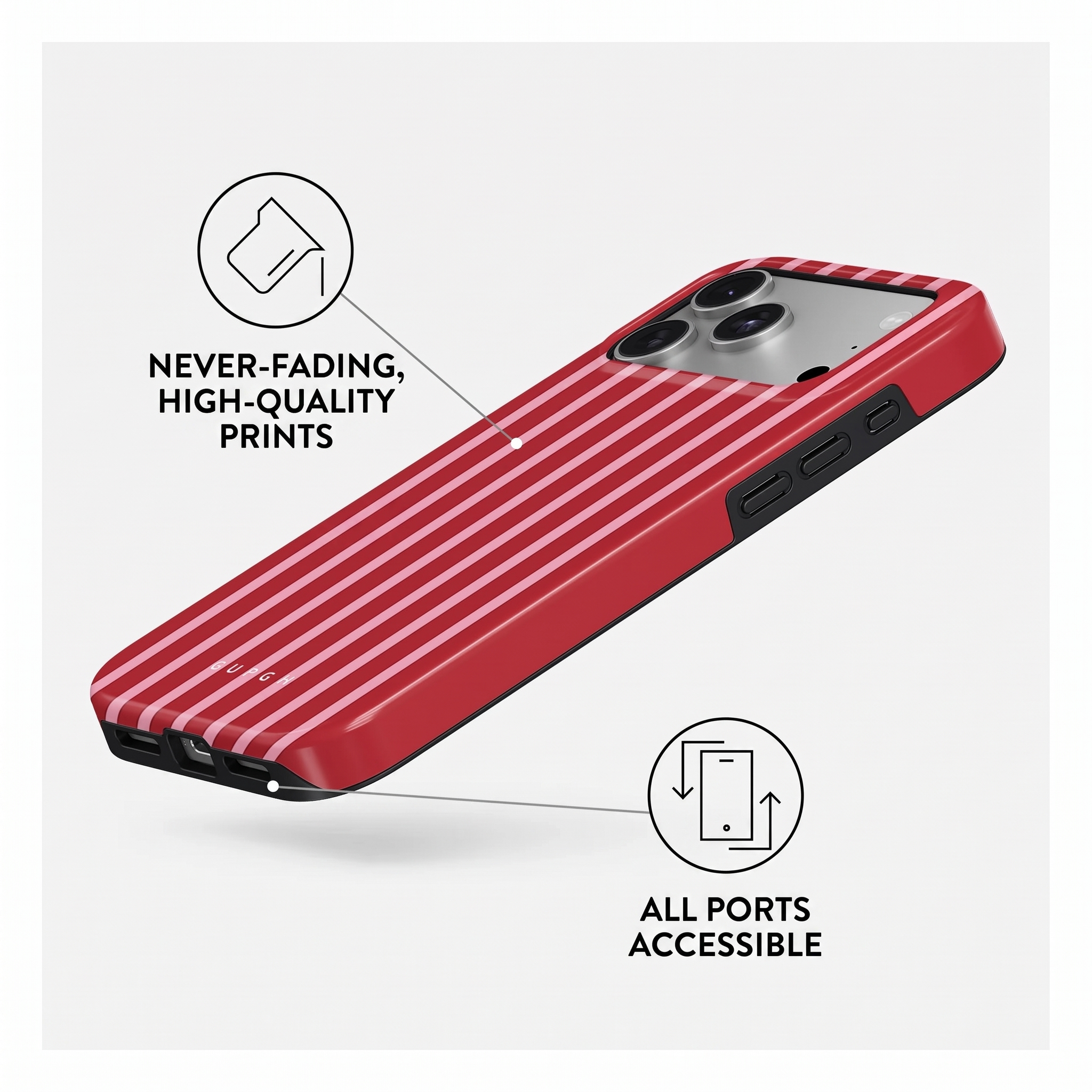 Coque de téléphone à rayures rouges et roses avec du texte sur des impressions de haute qualité et des ports.