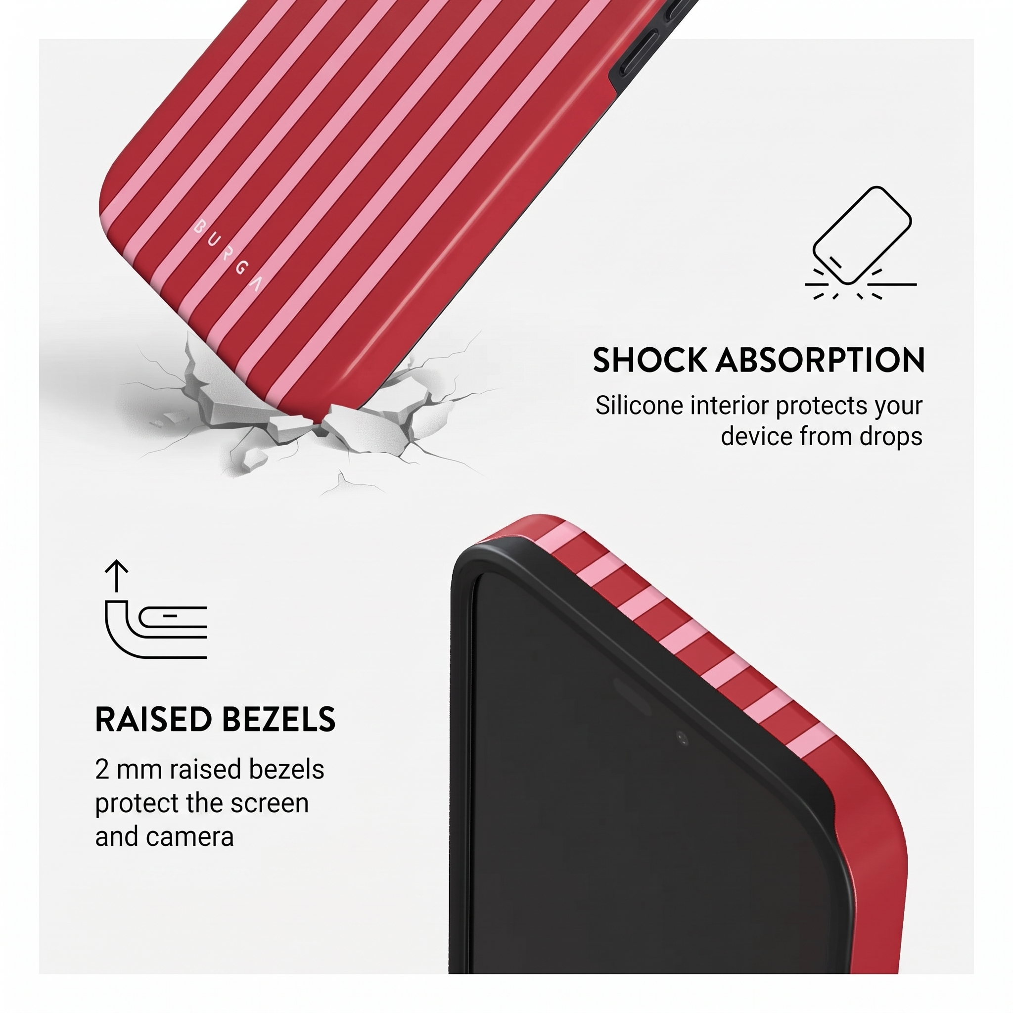Coque de téléphone rayée rouge et rose montrant l'absorption des chocs.