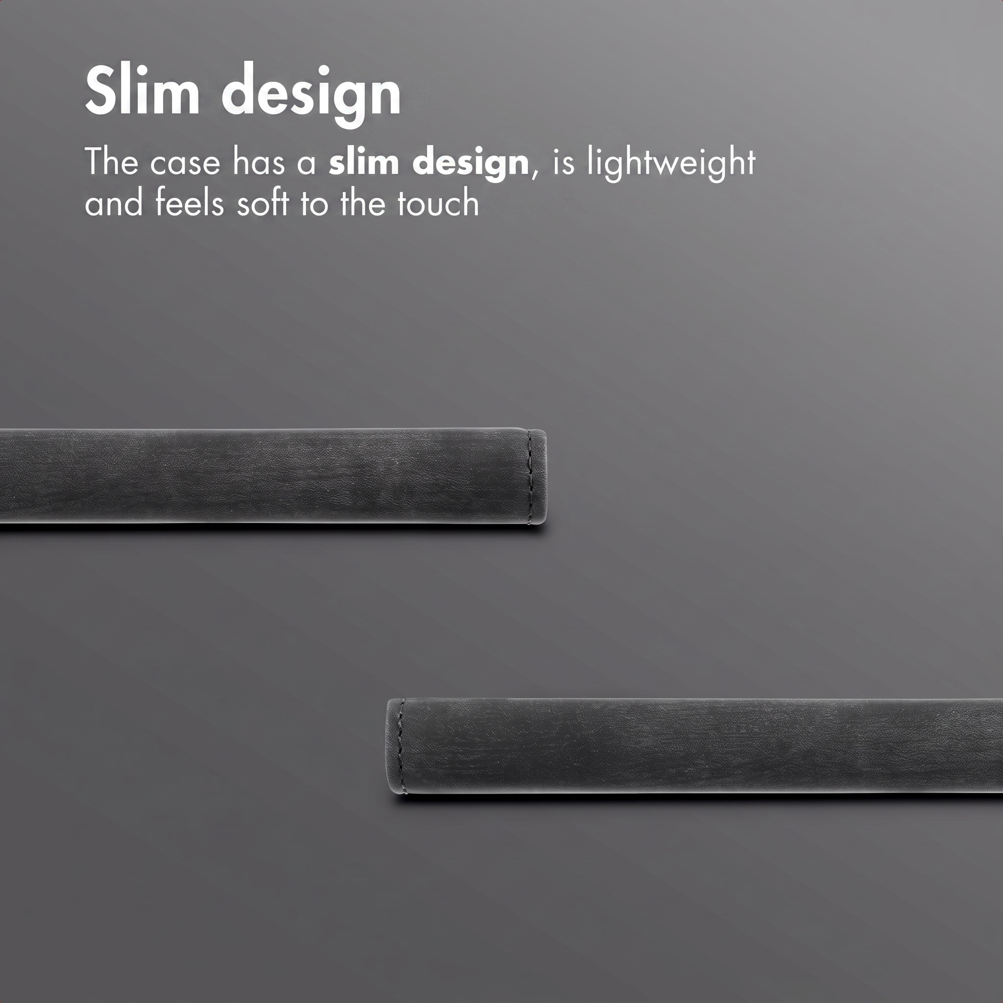Un étui en cuir gris fin et léger sur fond sombre avec du texte sur le design.