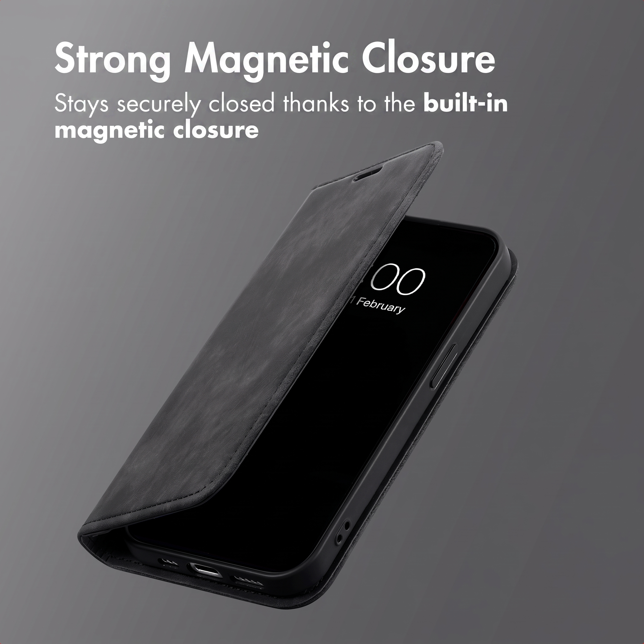 Un smartphone dans un étui folio noir avec du texte sur une fermeture magnétique solide sur fond gris.