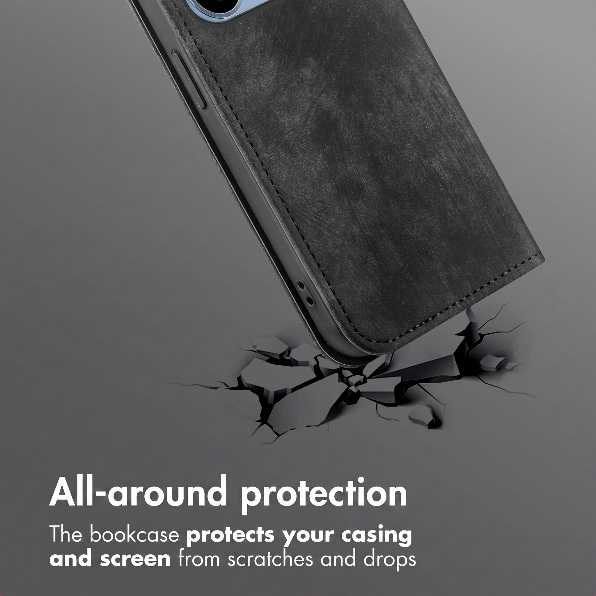 Étui de smartphone en cuir noir au-dessus d'un sol fissuré avec du texte sur la protection.