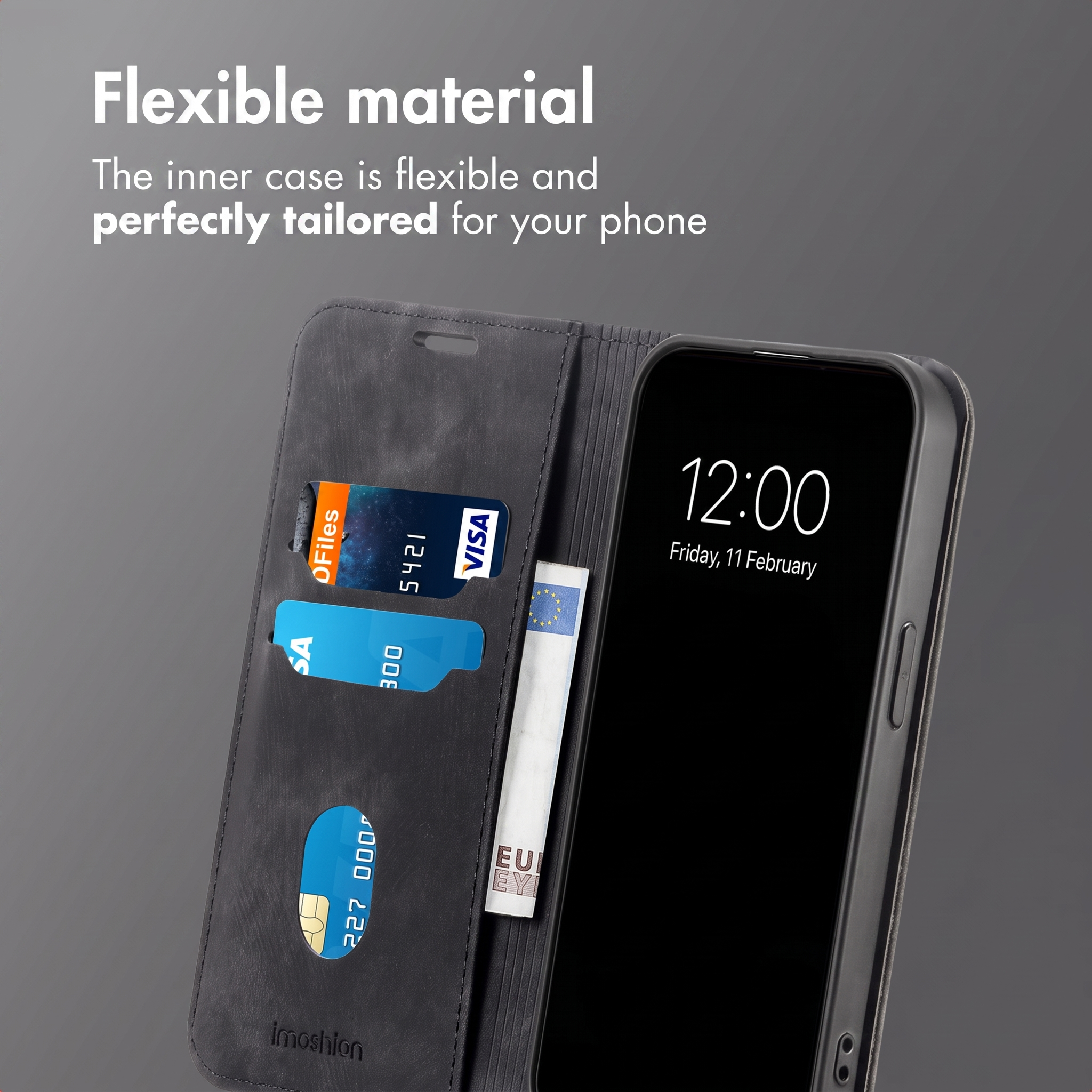 Un étui portefeuille noir pour téléphone portable avec des fentes pour cartes et un billet.