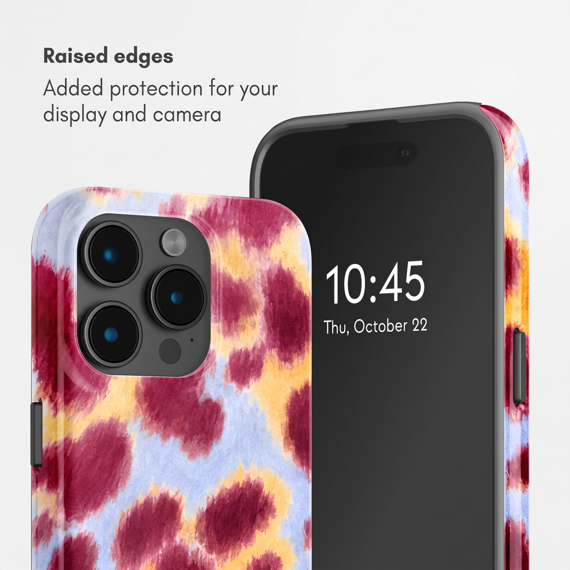 Smartphone in einer rot-gelb-blauen Mustertasche vor weißem Hintergrund mit Text.