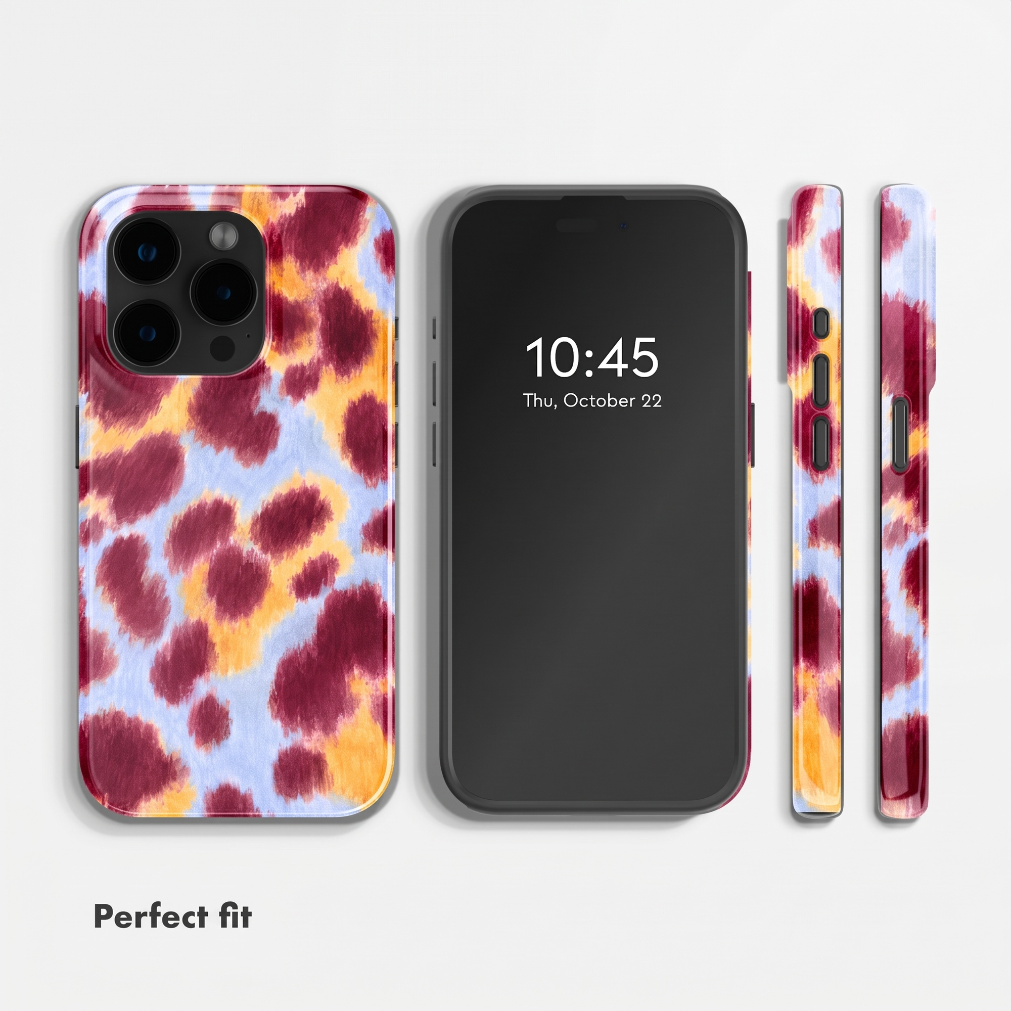 Vier Ansichten eines Smartphones mit einer bunten Batik-Hülle mit roten, gelben und blauen Flecken auf weißem Grund.