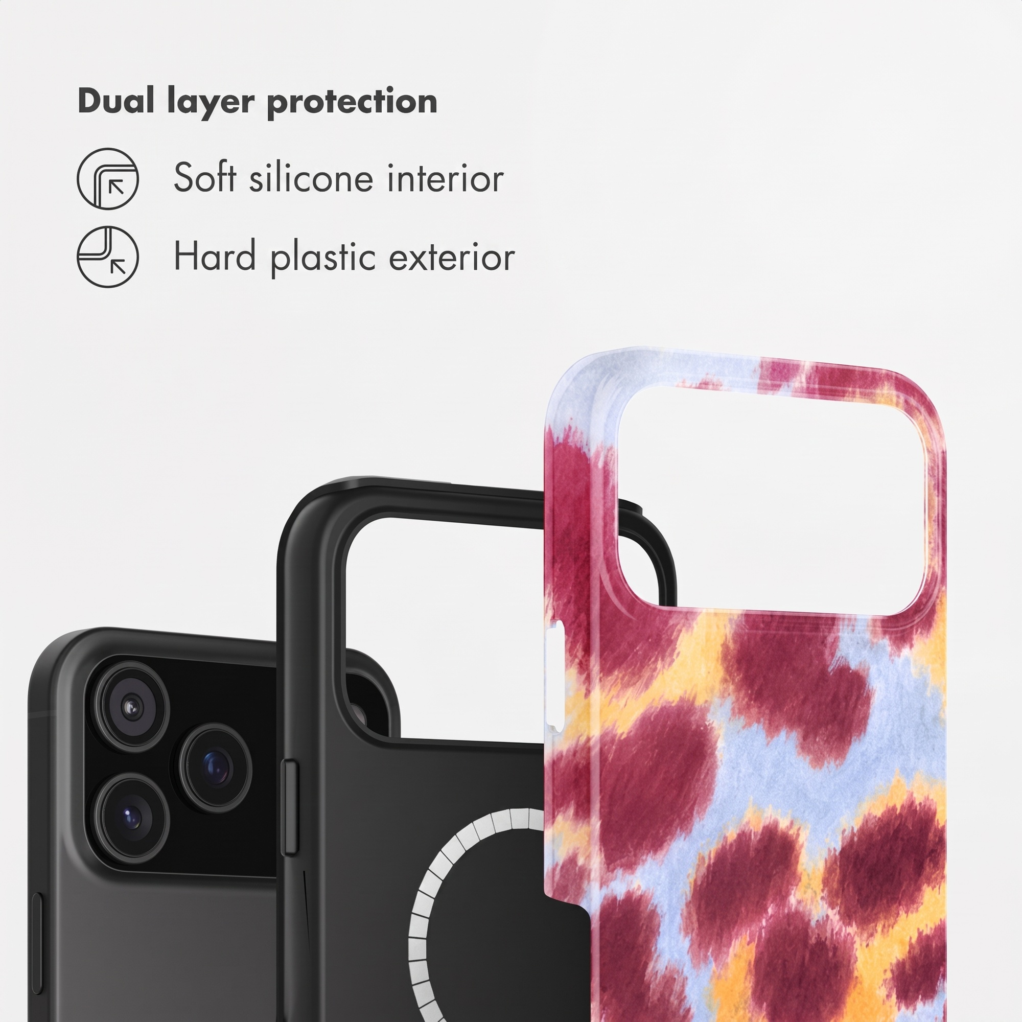Dual-Layer-Schutz mit weichem Silikon innen und hartem Kunststoff außen für Smartphone-Hüllen.