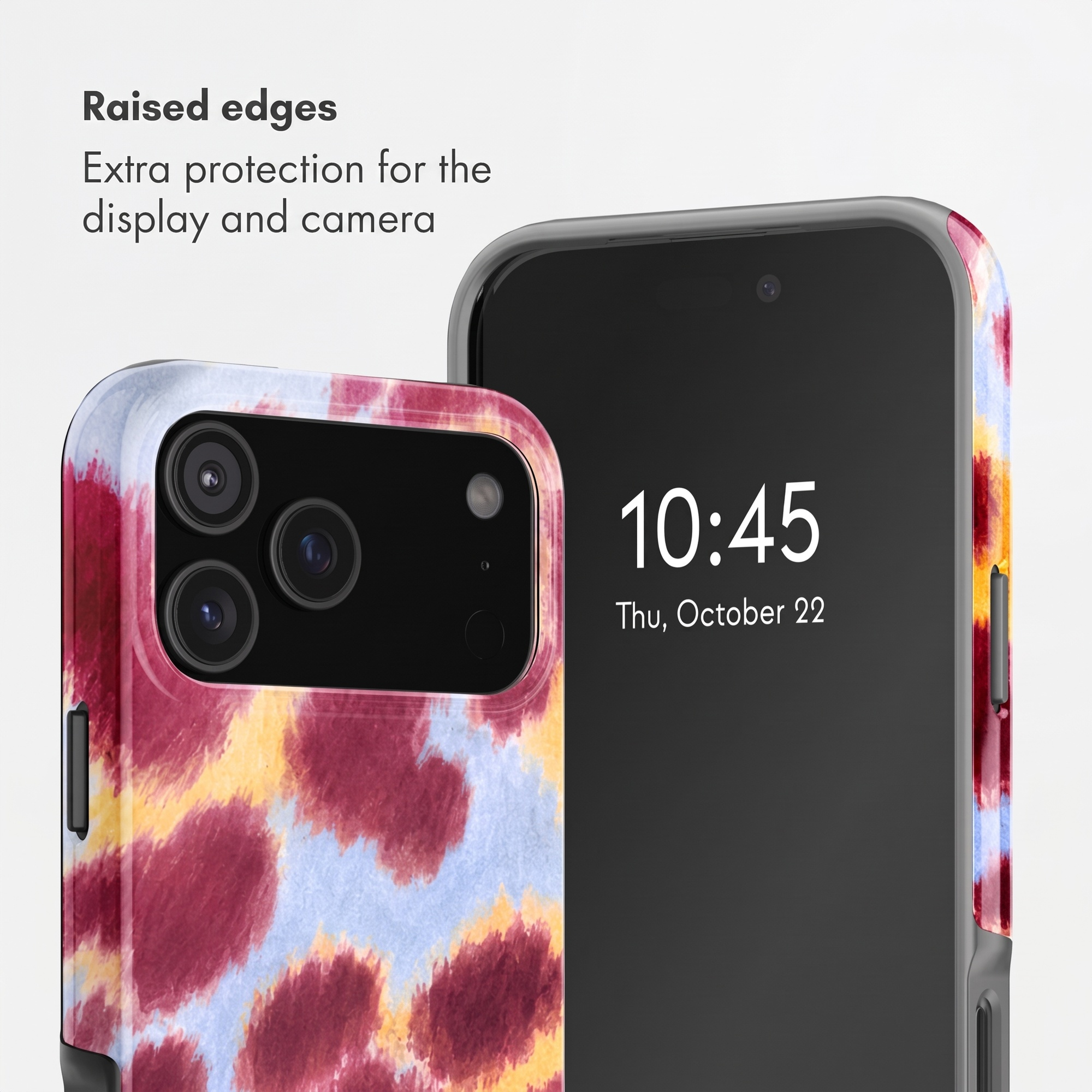 Smartphone in einer bunten Hülle mit Schutzrand für Display und Kamera.