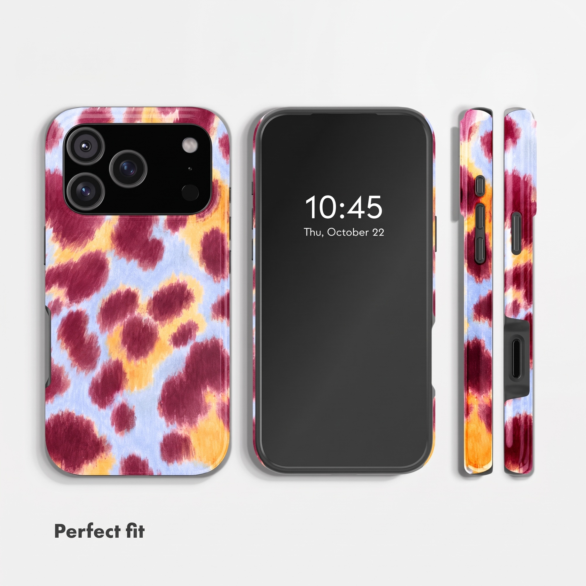 Smartphone in Hülle mit bunten rot-gelb-blauen Flecken und Frontdisplay.