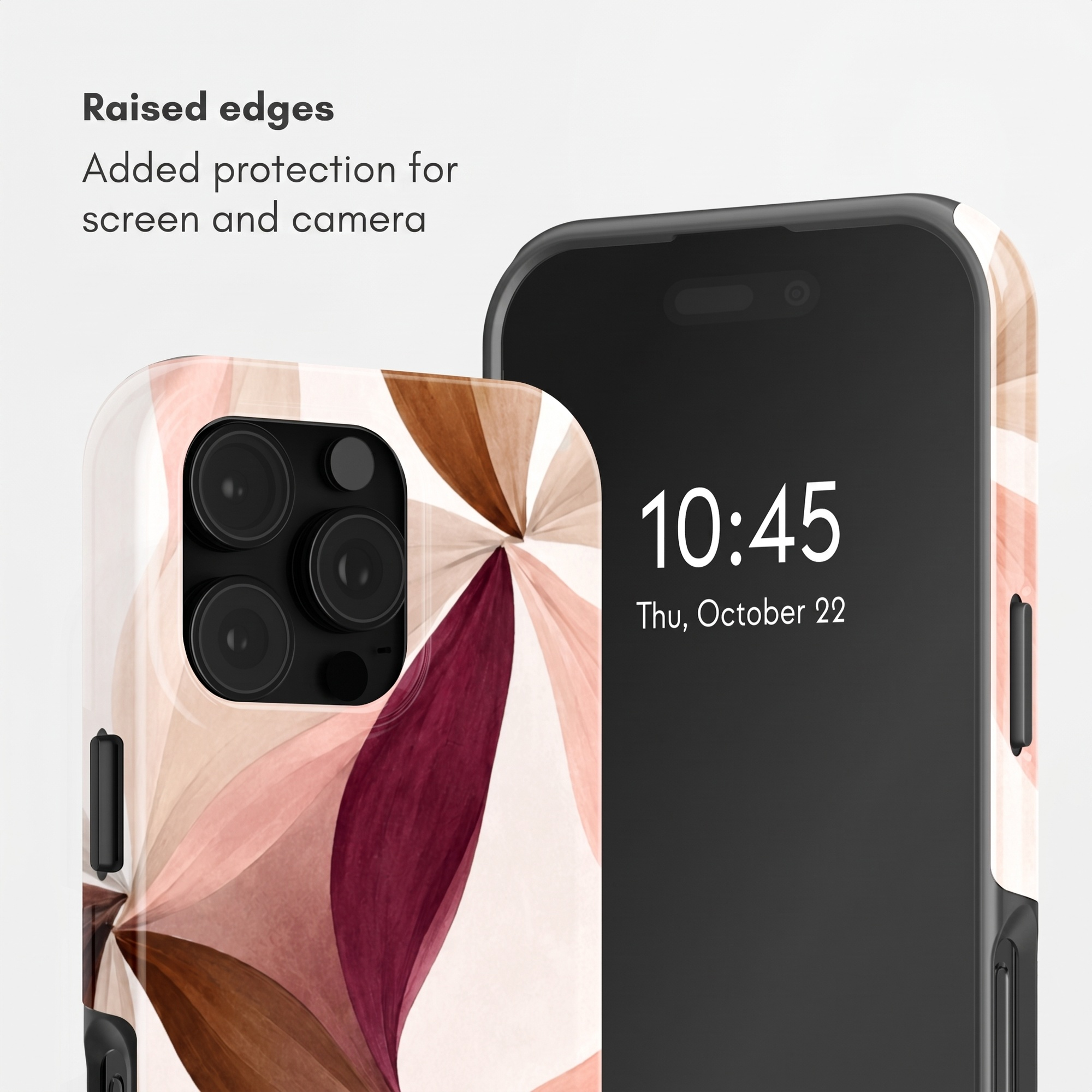 Smartphone in einer Schutzhülle mit braun-rotem Blumenmuster und erhöhtem Rand für Kameraschutz.
