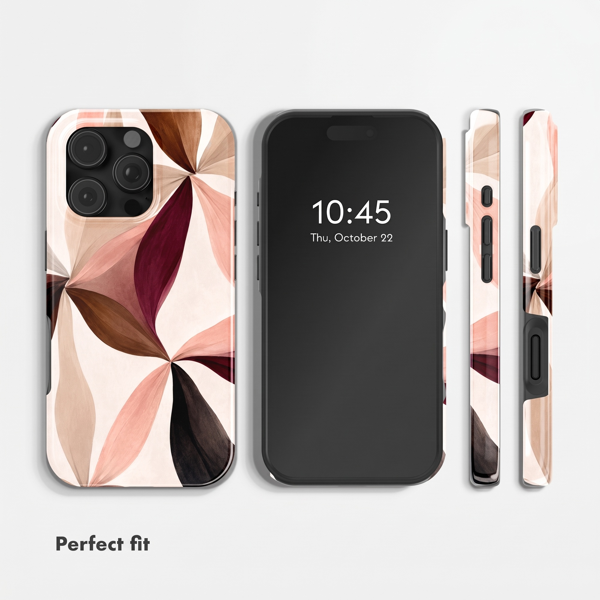Smartphone mit abstrakter, blumenartiger Hülle in Rosa-, Braun- und Rottönen auf weißem Hintergrund.