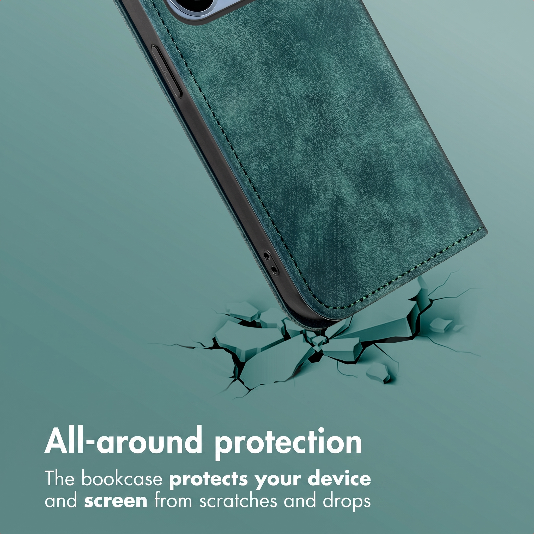 Une coque de téléphone en cuir vert foncé au-dessus d'une surface fissurée, symbolisant la protection.