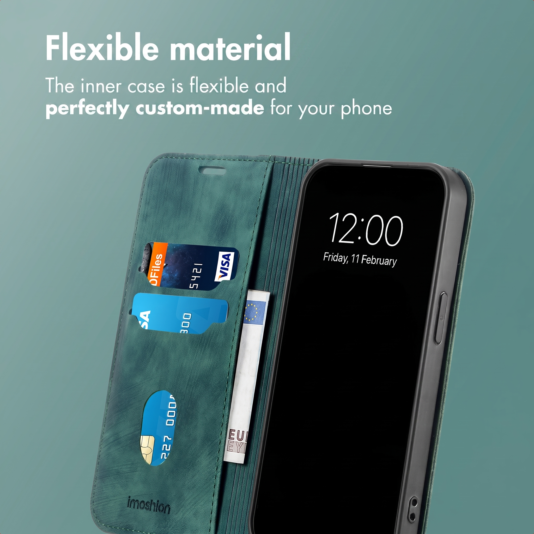 Etui portefeuille en cuir vert pour smartphone avec fentes pour cartes.