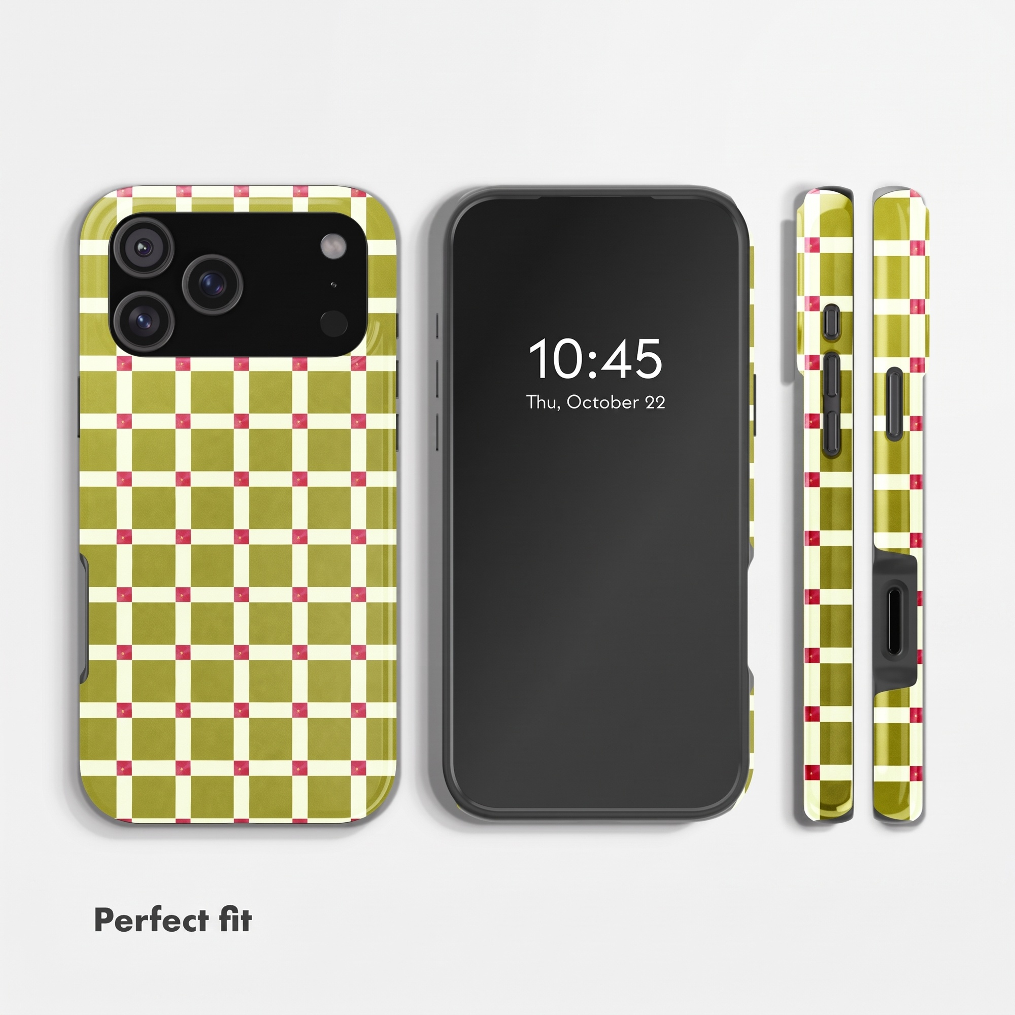 Ein Smartphone mit olivgrünem Karo-Muster auf der Rückseite und Kanten, im Vordergrund auf weißem Grund.