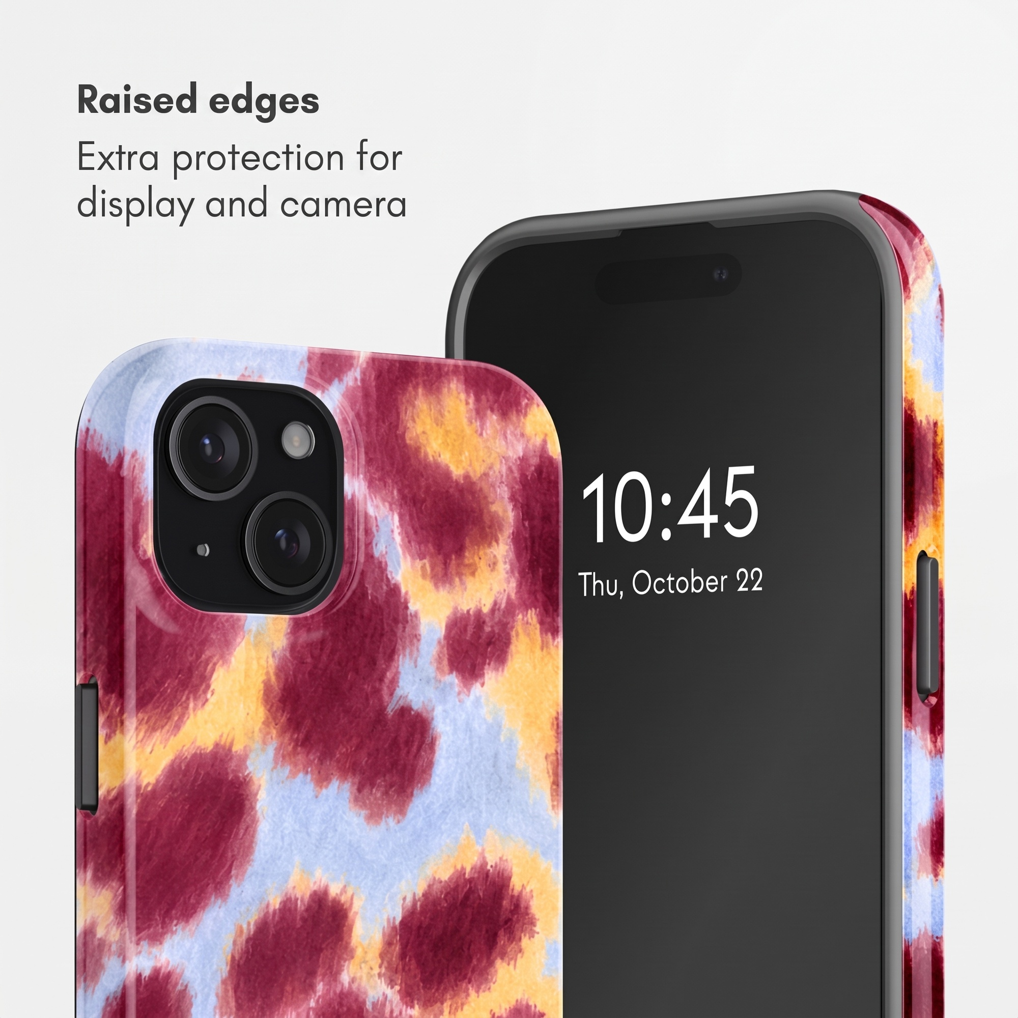 Zwei Smartphones mit einer rosa, gelben und blauen Tierdruck-Hülle und erhöhten Kanten.