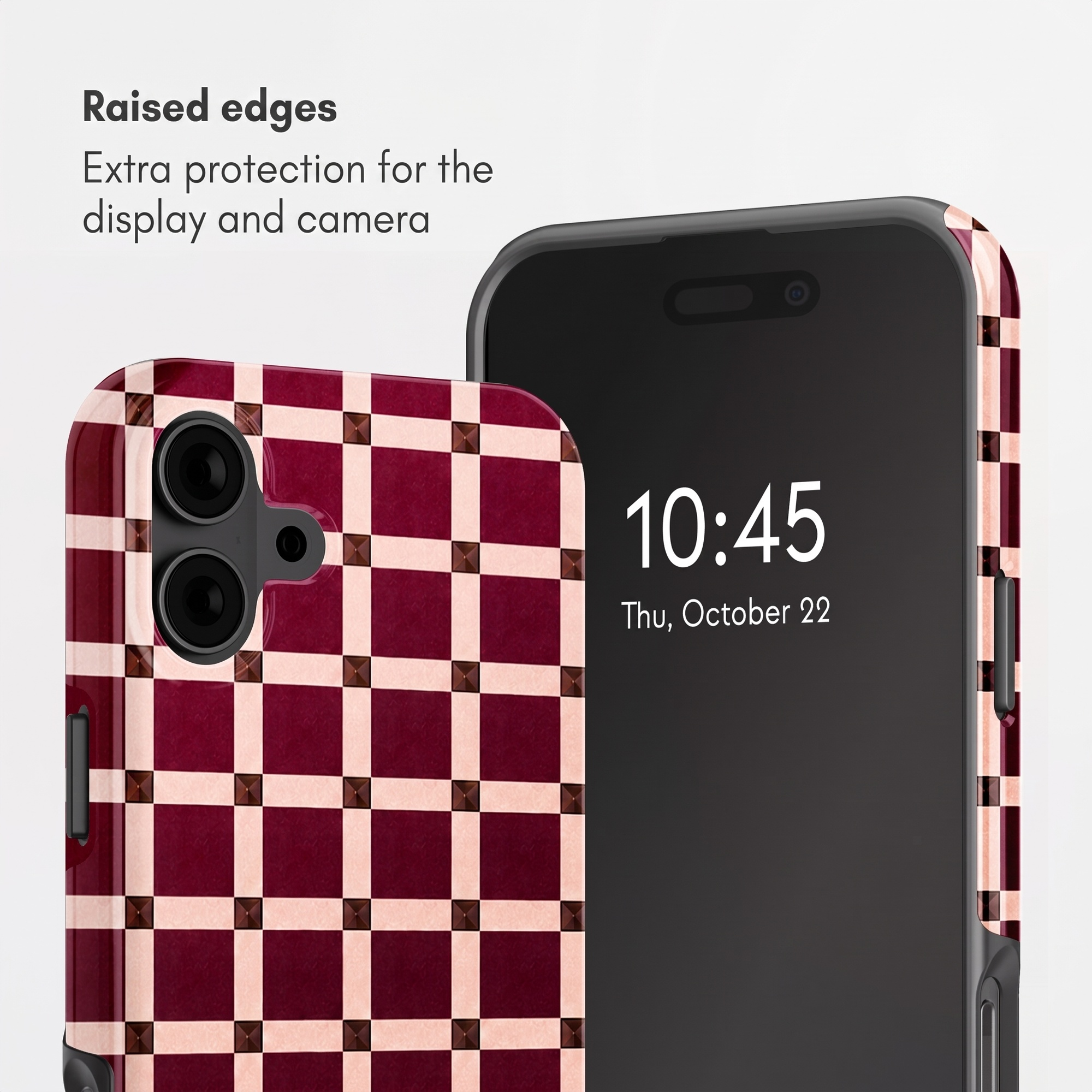 Ein Smartphone mit einer rot-weißen Karo-Schutzhülle auf weißem Hintergrund.