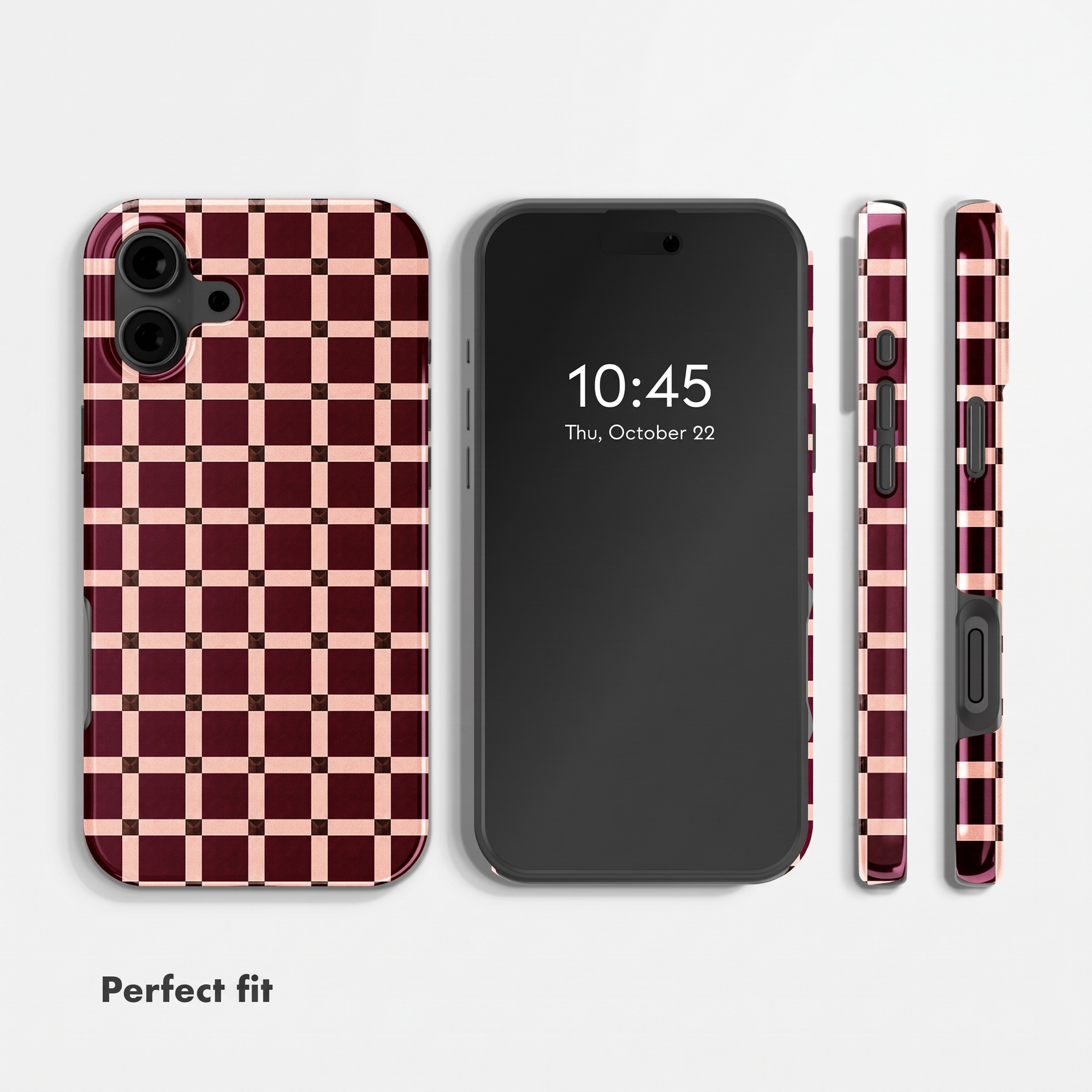 Ein Smartphone mit einer bordeauxroten und rosa karierten Hülle, gezeigt von vorne, hinten und von den Seiten.