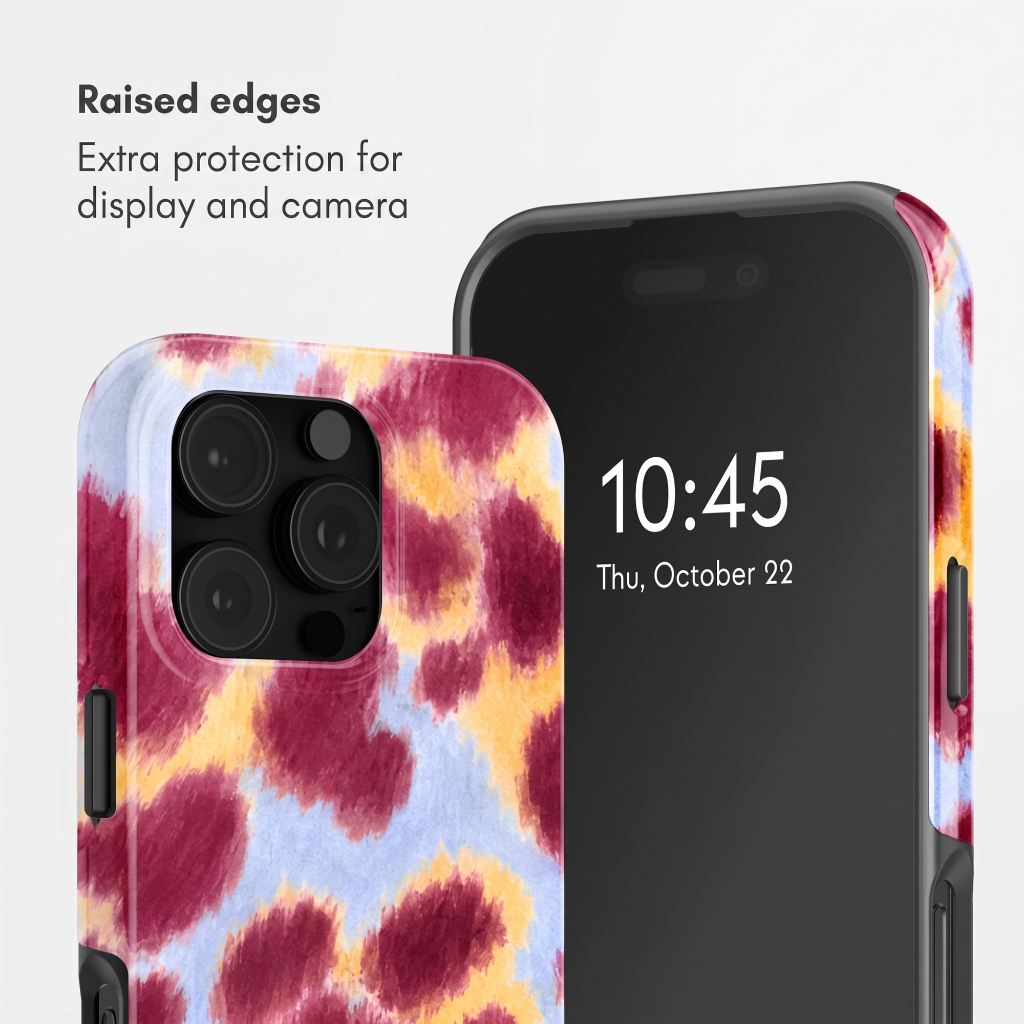 Smartphone in einer Handyhülle mit rot-gelbem Tiermuster, Text oben links zeigt erhöhte Kanten.