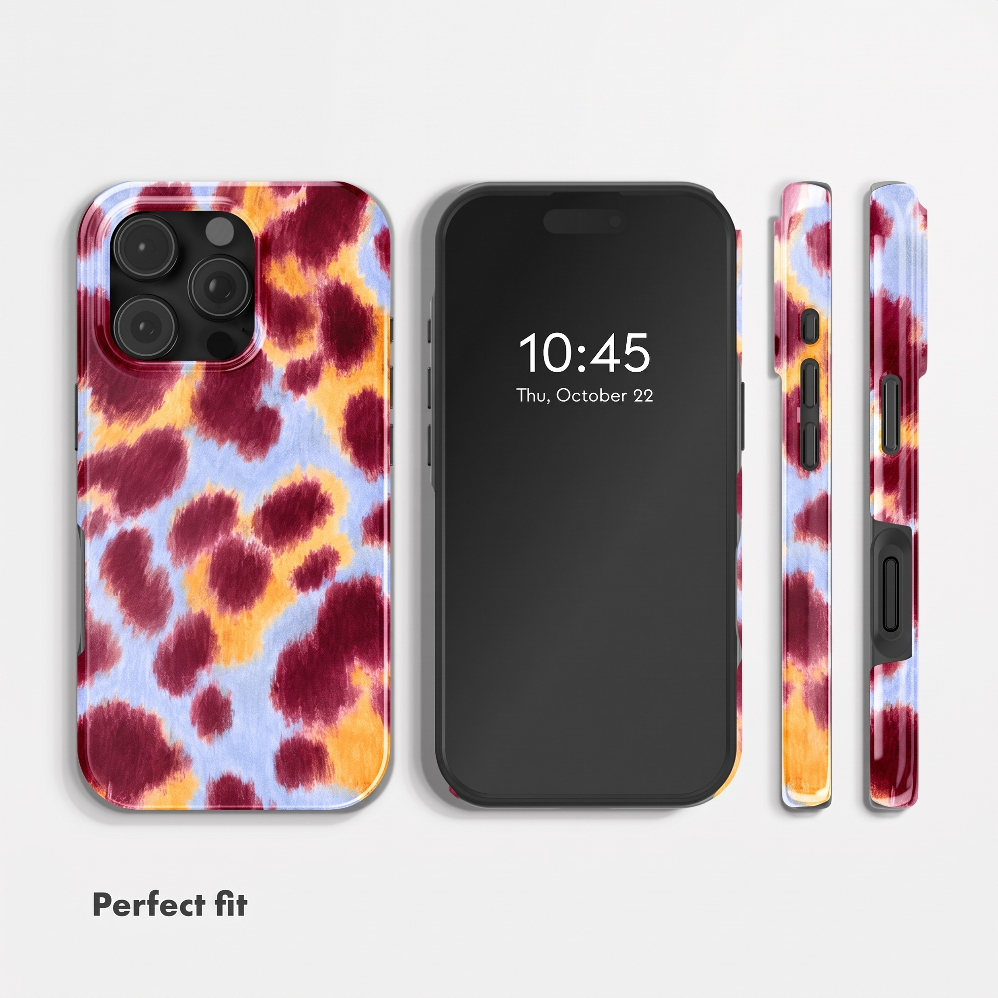 Smartphone in Hülle mit rot-gelb-blauem Muster, Ansichten von Vorderseite, Rückseite und Seiten.