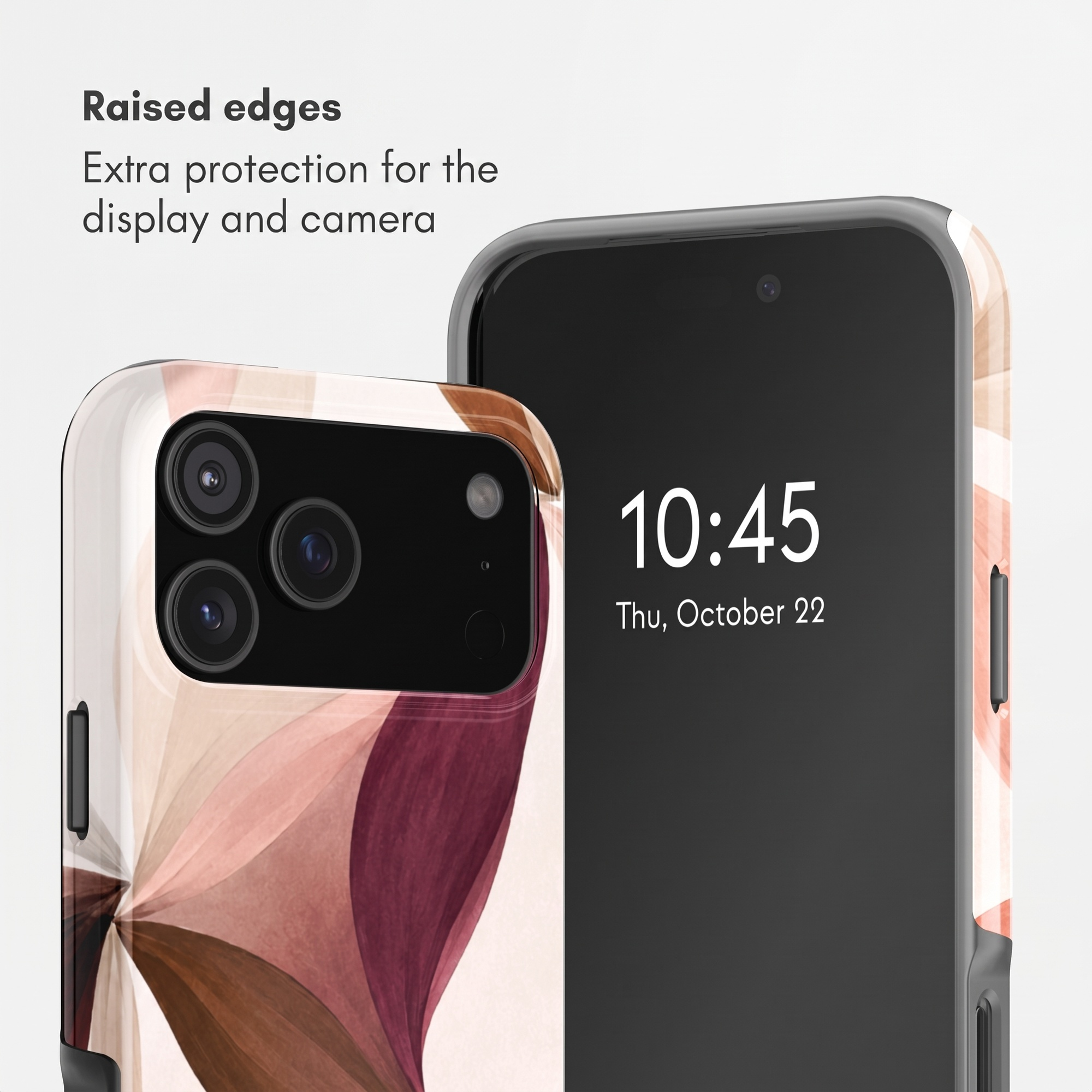 Zwei Smartphones in Blumencovern vor weißem Hintergrund betonen erhöhte Ränder für Display- und Kameraschutz.