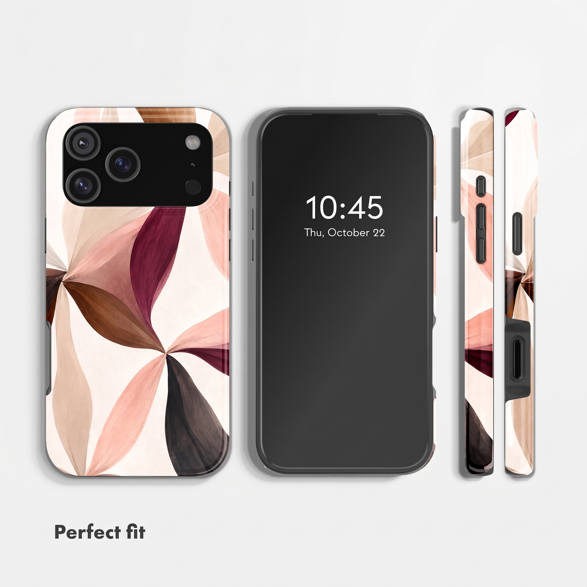 Smartphone mit einer Hülle im abstrakten Blumenmuster in Pink-, Braun- und Beigetönen.