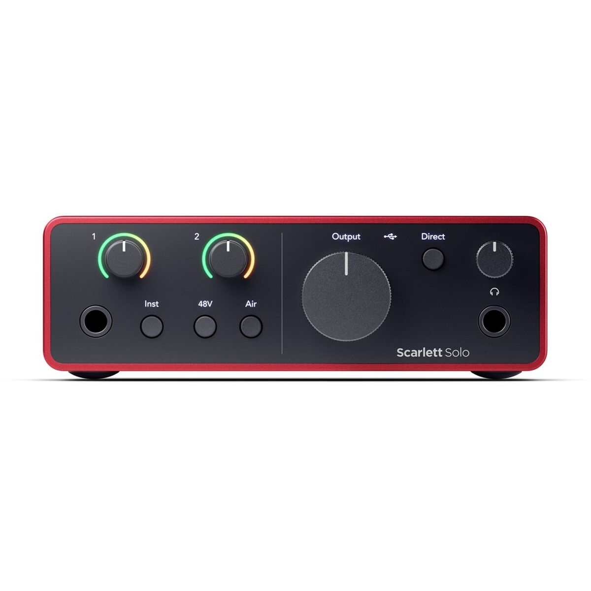 Düğme ve jaklara sahip kırmızı ve siyah Focusrite Scarlett Solo ses arayüzü.