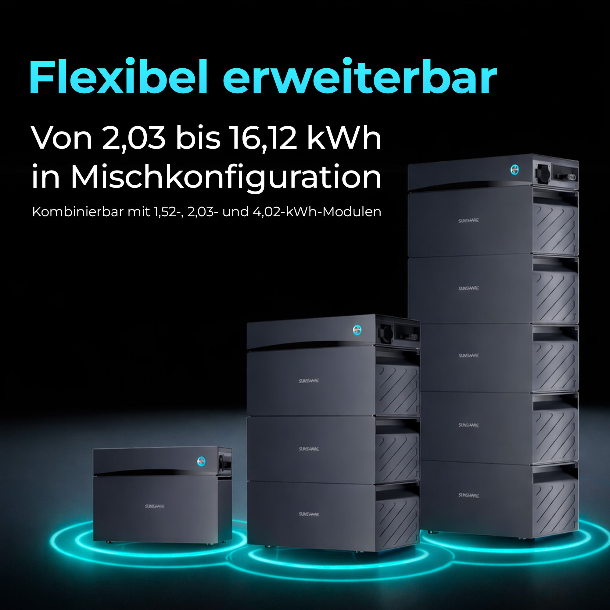 Drei schwarze, modulare Solarspeicherbatterien unterschiedlicher Höhe stehen auf einem glänzenden Boden mit blauen Ringen.