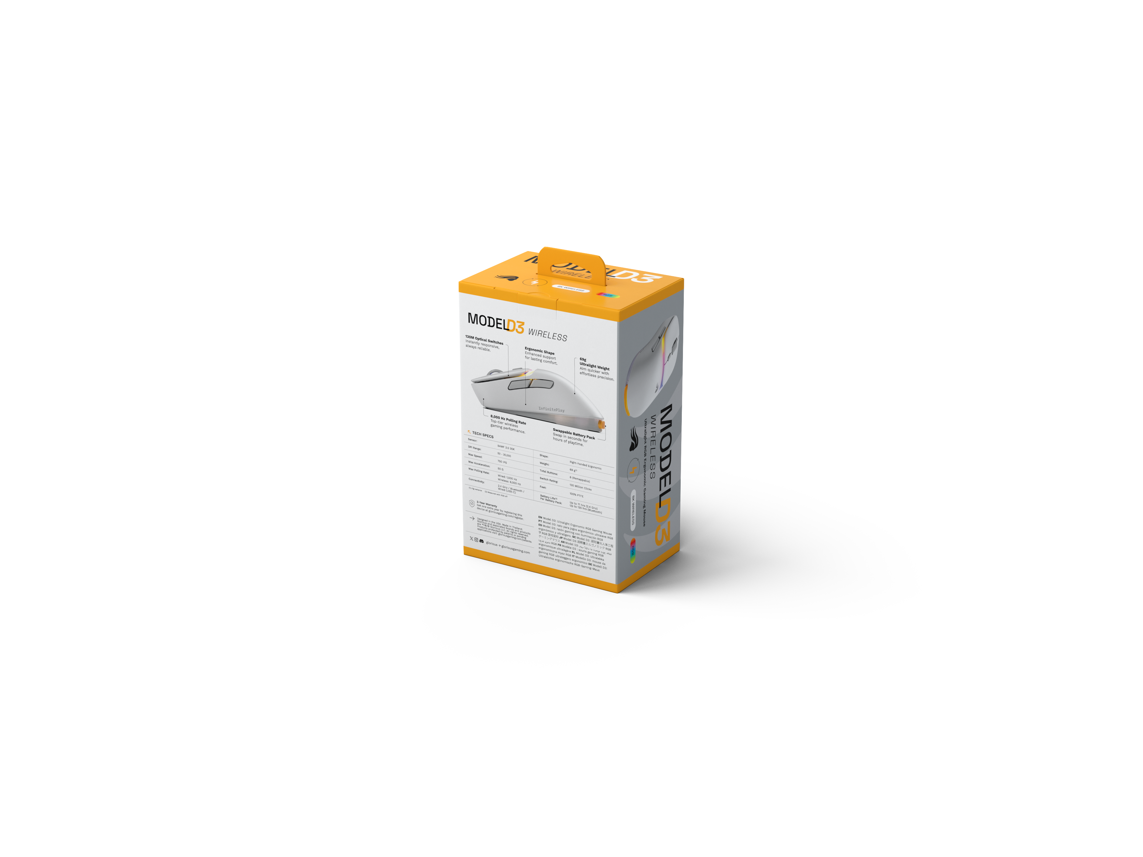 Eine weiße und orangefarbene Produktverpackung für die kabellose Gaming-Maus Model D3 mit technischen Daten.