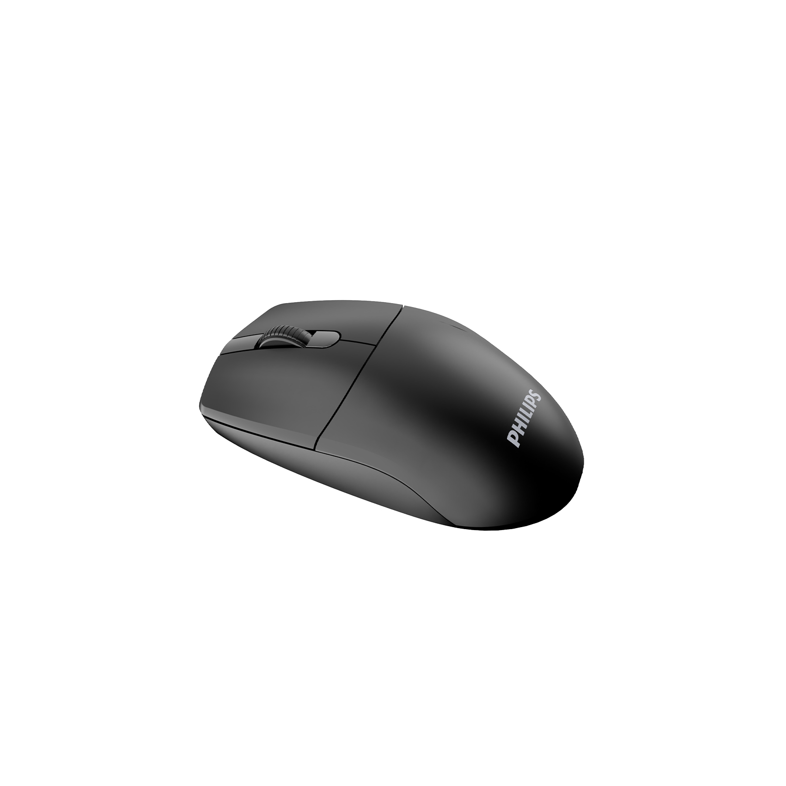 Beyaz arka planda kaydırma tekerlekli siyah Philips kablosuz fare.