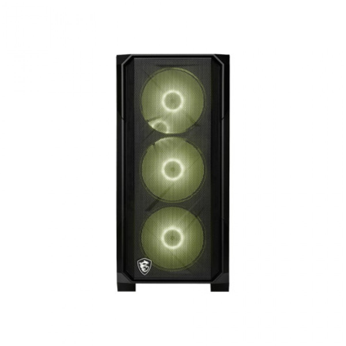 Ön tarafında aydınlatmalı üç sarı fan ve bir logo bulunan siyah PC kasası.
