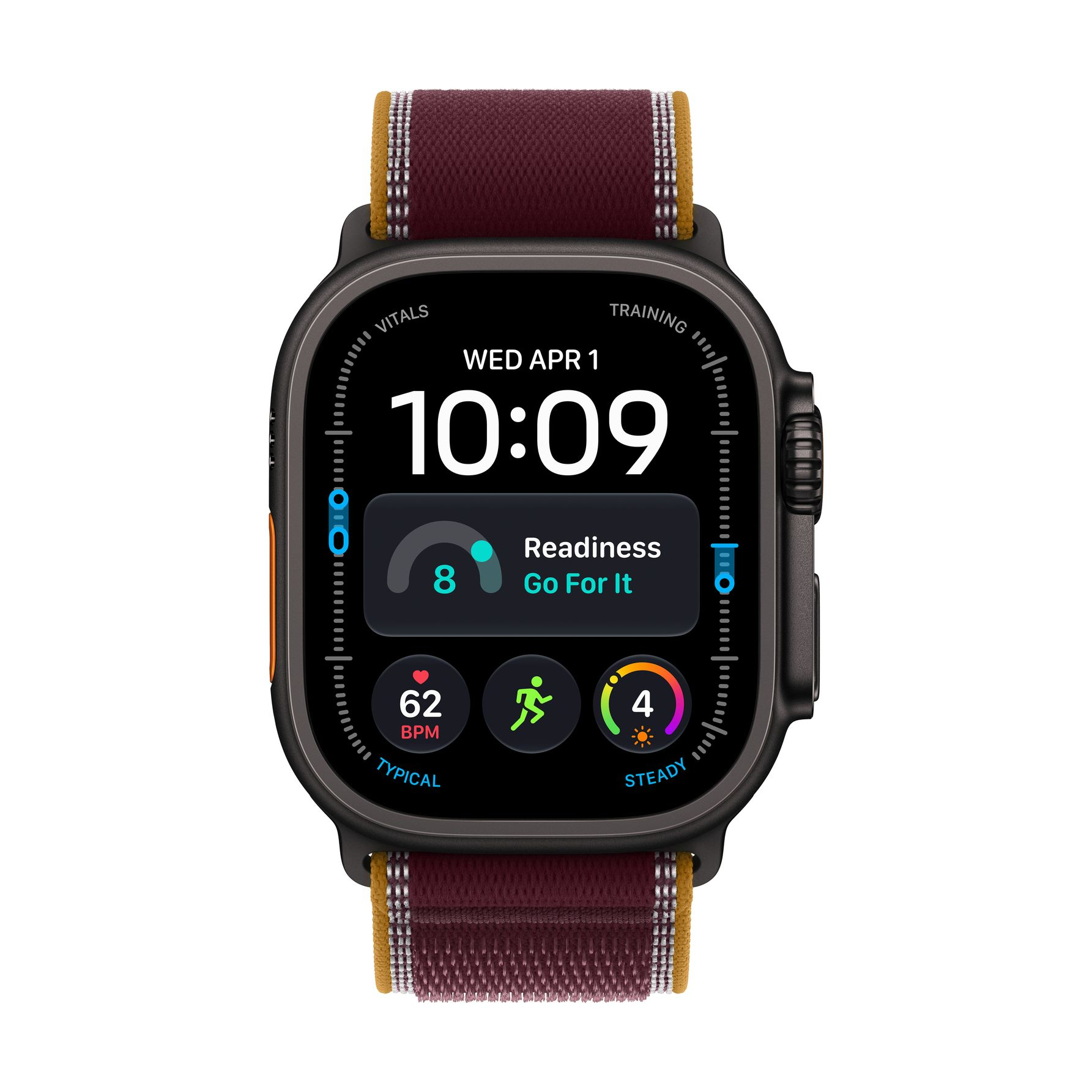 Un reloj inteligente negro con correa de tela roja muestra la hora, frecuencia cardíaca y datos de fitness.