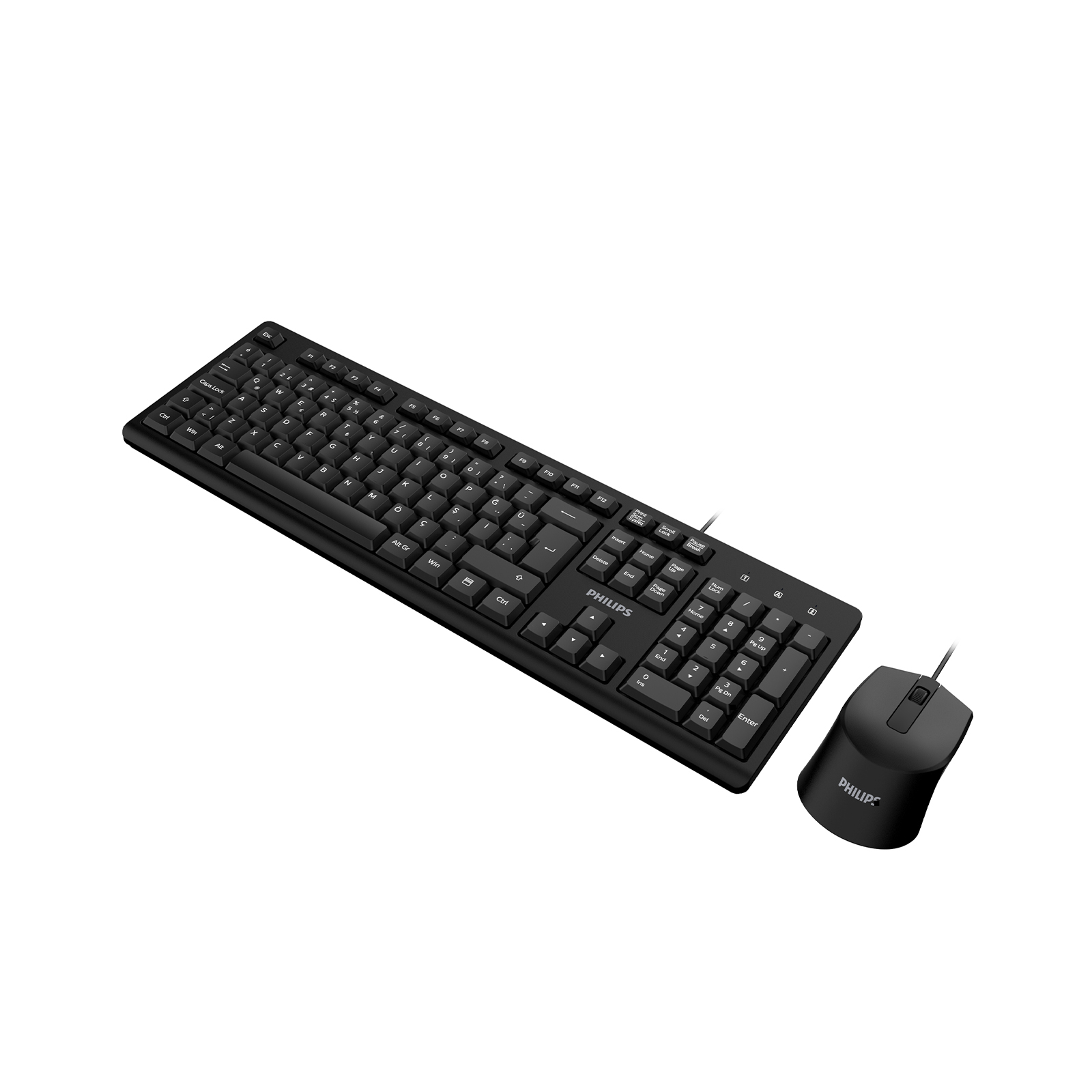 Beyaz arka plan üzerinde siyah bir Philips klavye ve uyumlu bilgisayar faresi.