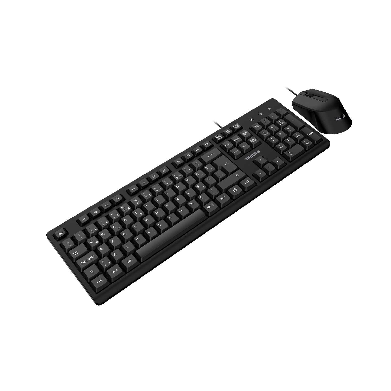 Beyaz arkaplanda siyah Philips USB klavye ve eşleşen bilgisayar faresi.