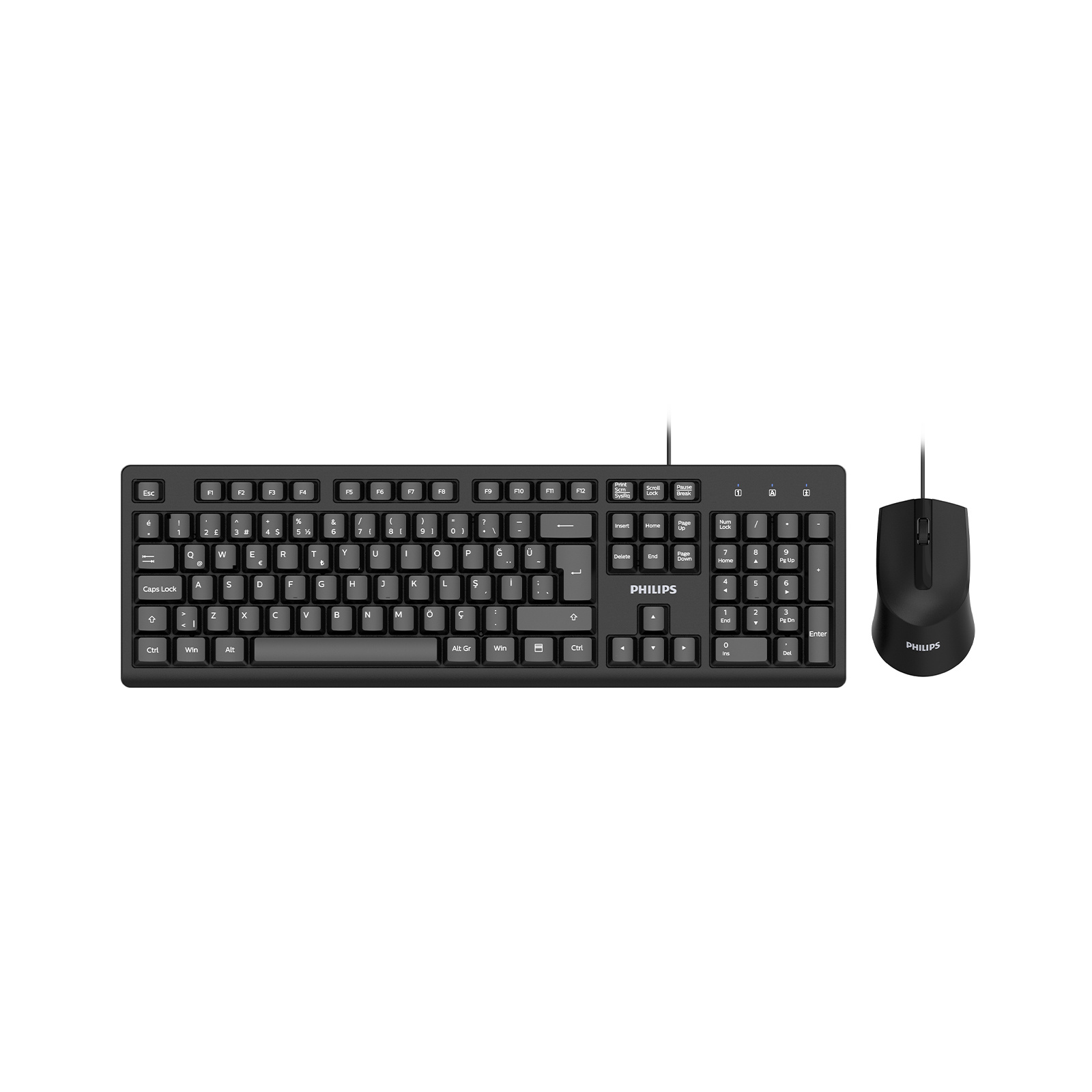 Beyaz arka planda siyah Philips kablolu klavye ve fare seti.