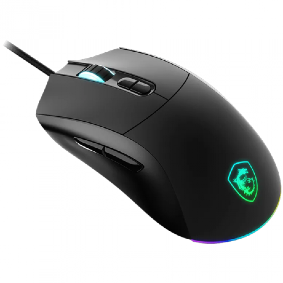 Beyaz arka planda RGB aydınlatmalı siyah oyuncu faresi.