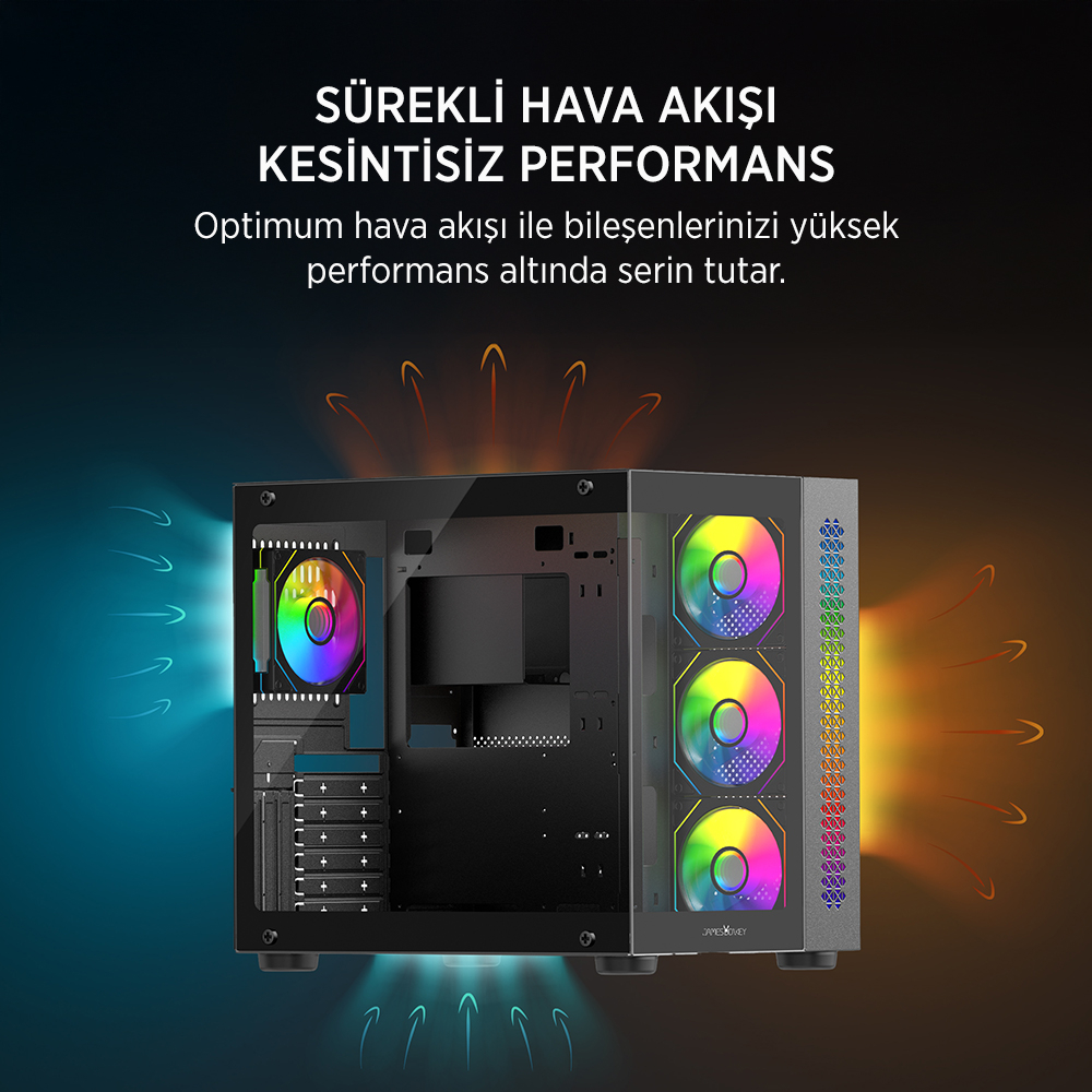 RGB fanlı, mavi ve turuncu hava akışı grafik oklarına sahip bilgisayar kasası ve üzerinde Türkçe reklam metni.