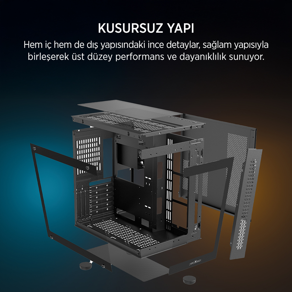 Sökülebilir yan paneller, camlar ve havalandırma ızgaraları gösteren siyah bilgisayar kasasının montaj şeması.