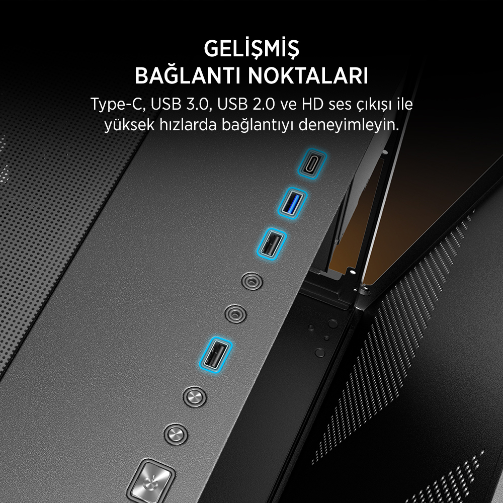 Type-C, USB 3.0, USB 2.0 ve HD ses çıkışlı bilgisayar kasası.