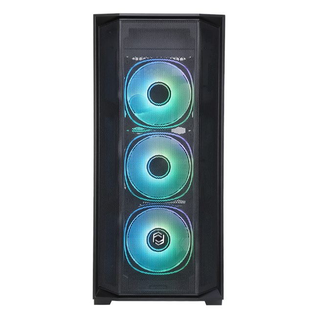 Önü ızgaralı ve üç RGB fanlı siyah bilgisayar kasası.