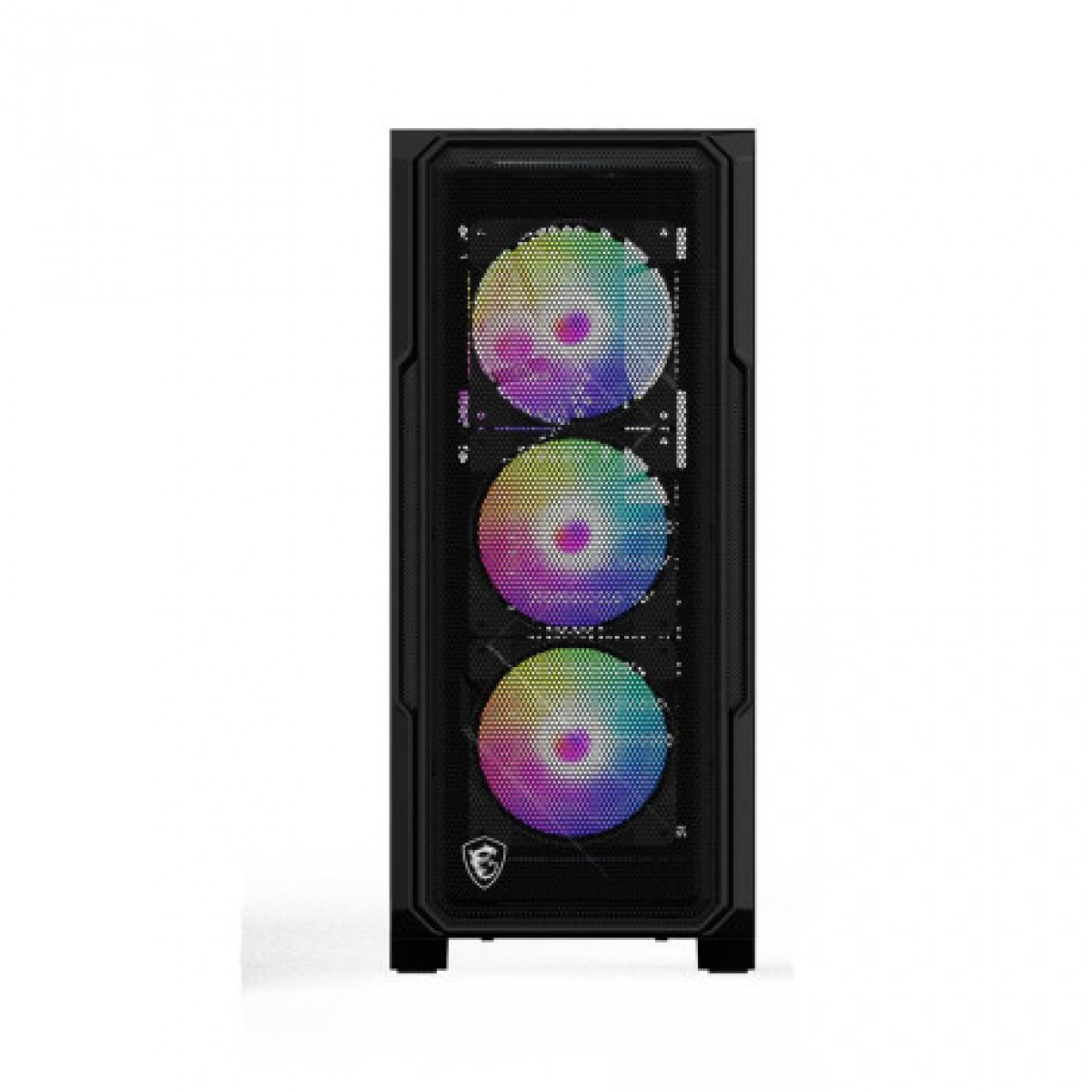Üç RGB aydınlatmalı fana ve alt kısımda beyaz MSI ejderha logosuna sahip siyah bilgisayar kasasının ön görünümü.