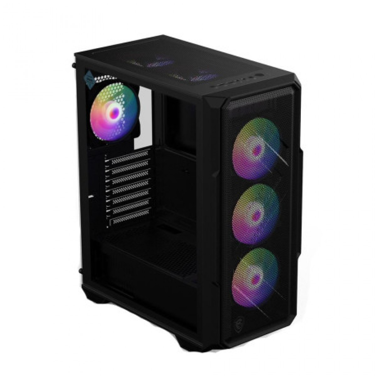 Cam yan panel ve dört renkli RGB fanlı siyah bilgisayar kasası.