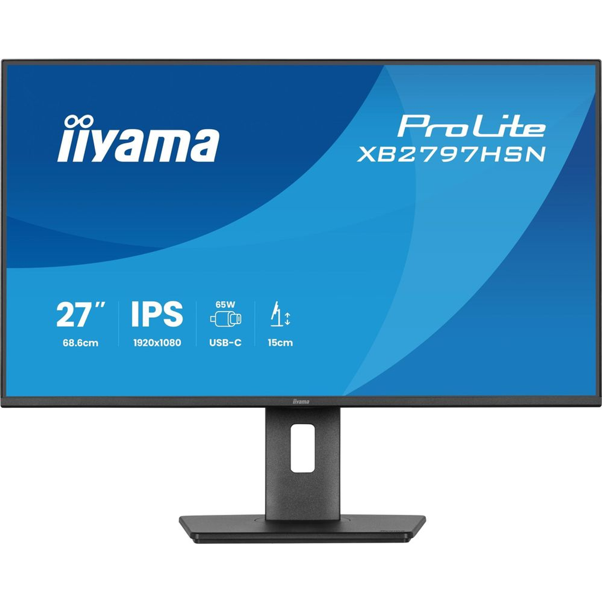 Monitor negro de 27 pulgadas de Iiyama con panel IPS, USB-C y soporte ajustable sobre fondo azul.